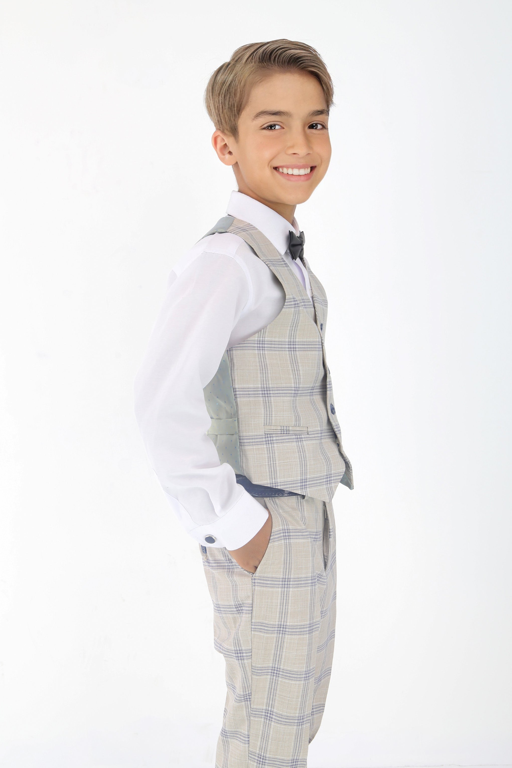 Boys Beige & Blue Plaid Check Suit - Beige - Blue Waistcoat Side Picture