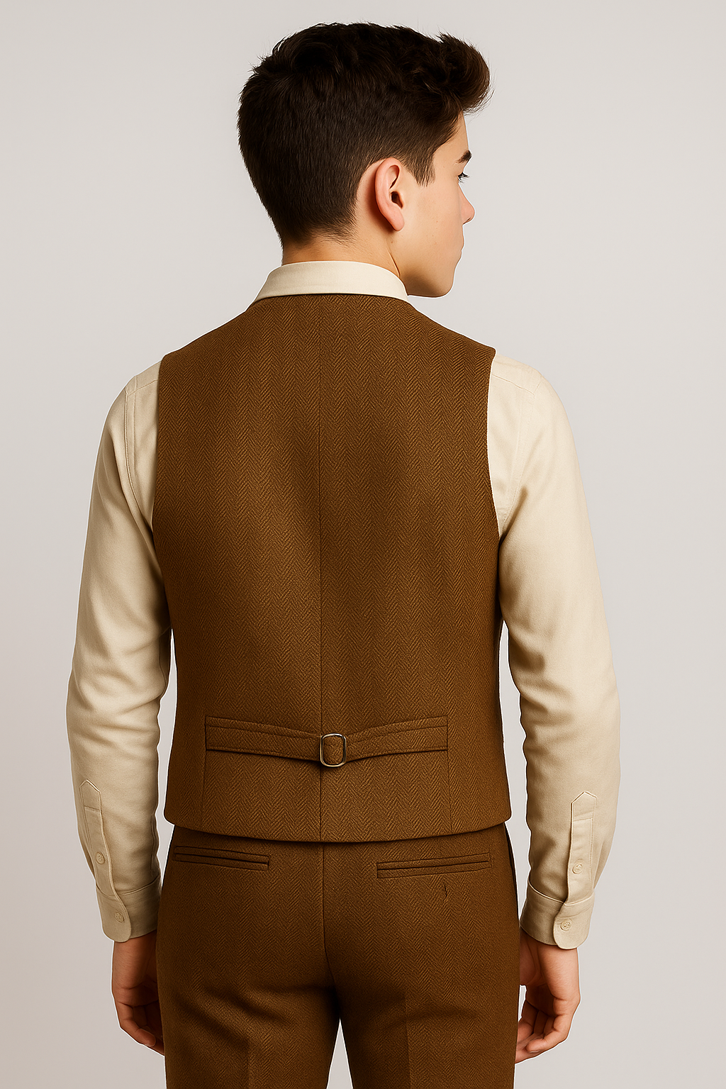 Boys Herringbone Double-breasted Waistcoat Set - Tan Brown