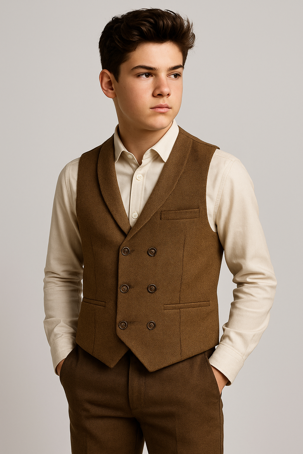 Boys Herringbone Double-breasted Waistcoat Set - Tan Brown
