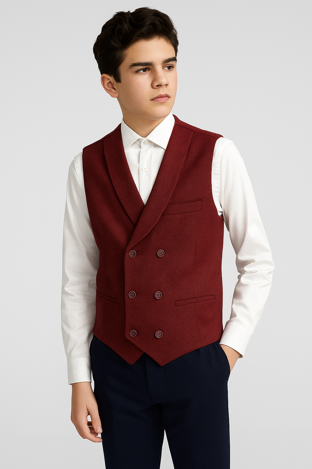 Men's and Boys Herringbone Double-breasted Waistcoat Set - Burgundy
