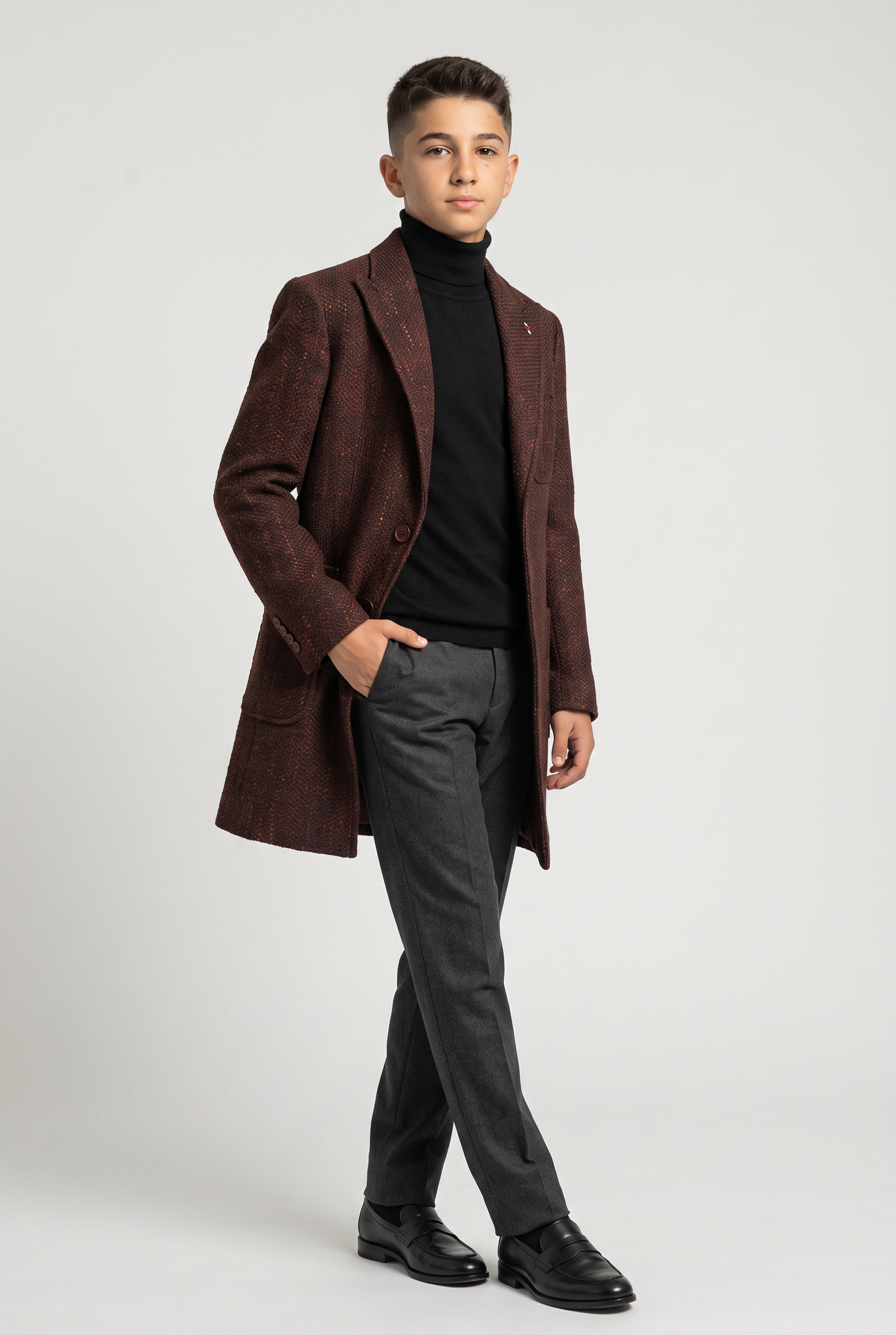 Boys Burgundy Brown Textured Tweed Blazer