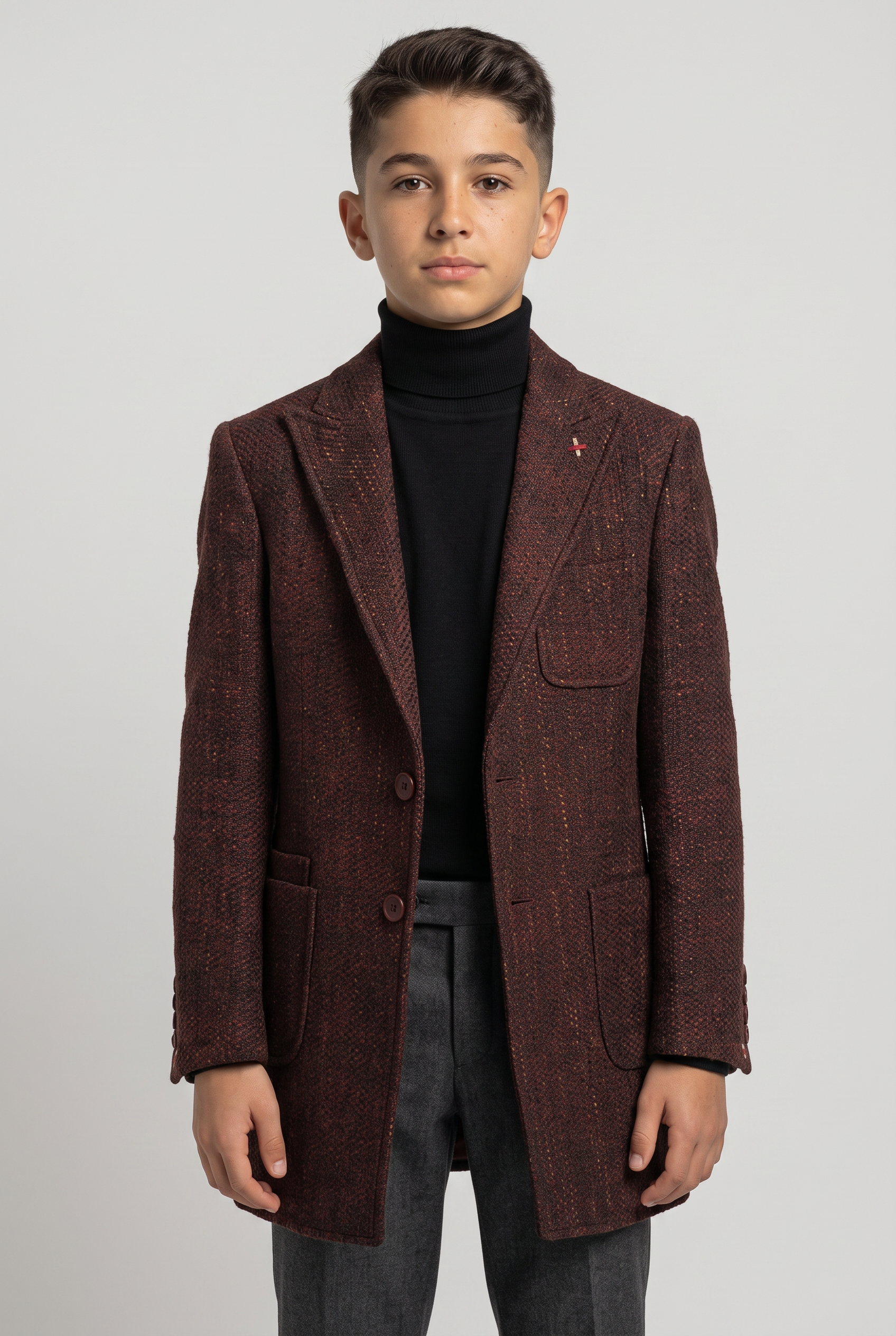 Boys Burgundy Brown Textured Tweed Blazer