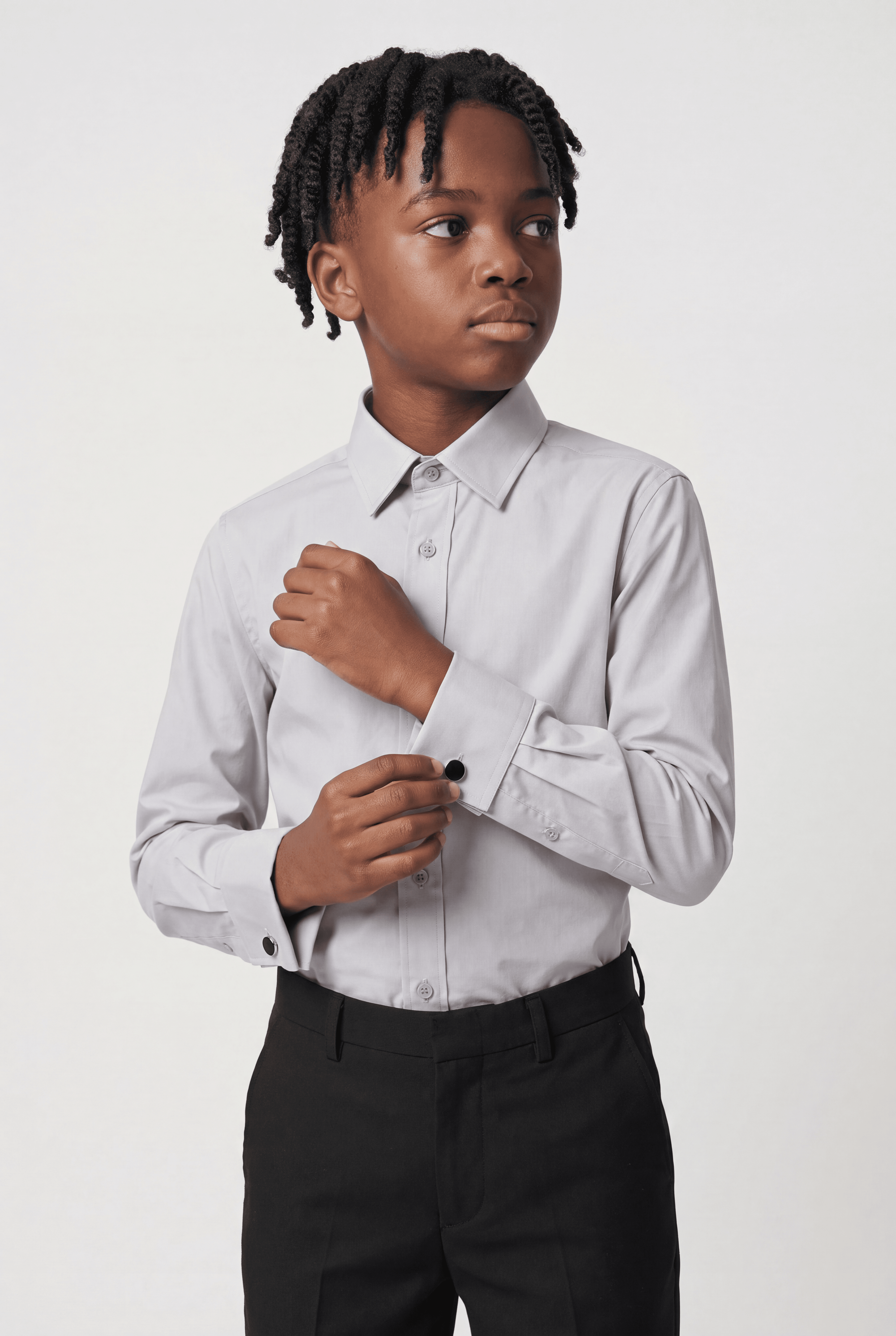 Boys Classic Collar Dress Shirt with Cufflinks -  Stone Grey