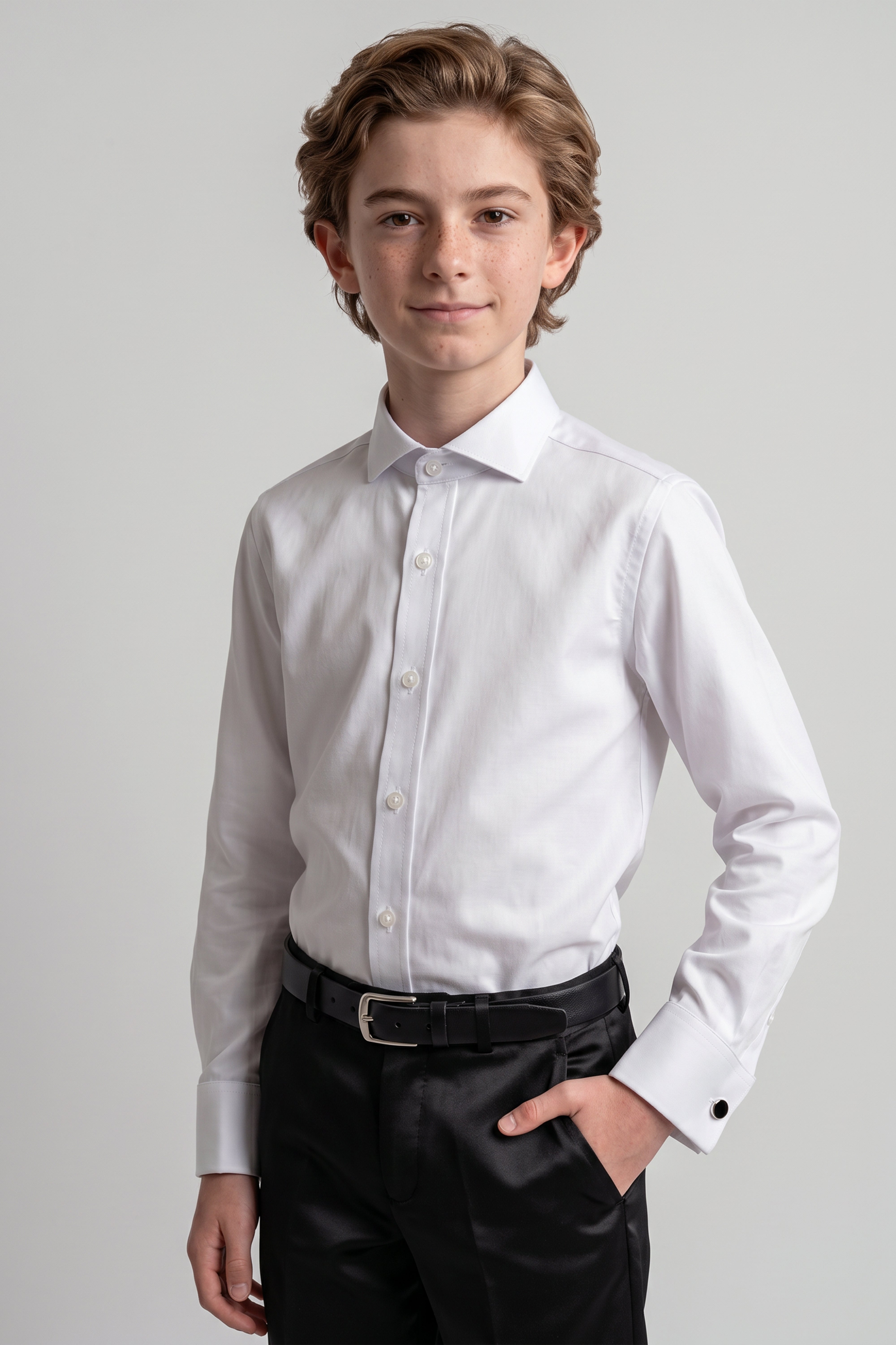 Boys Classic Collar Dress Shirt with Cufflinks - White