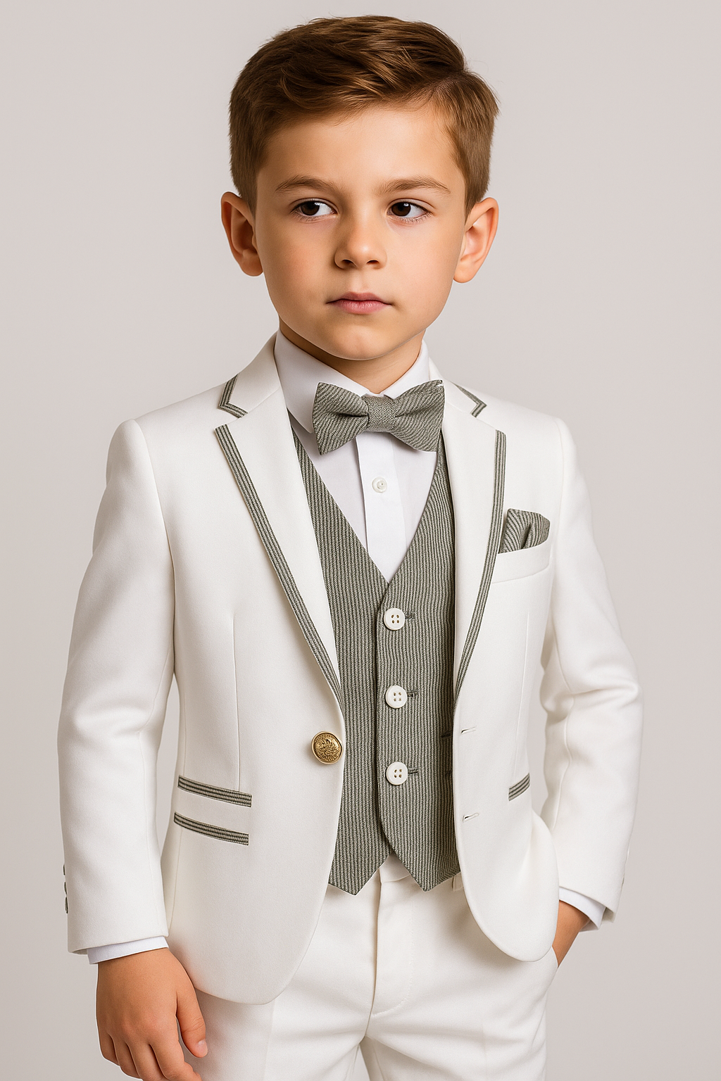 Boys Communion Piping Slim Fit Suit - White