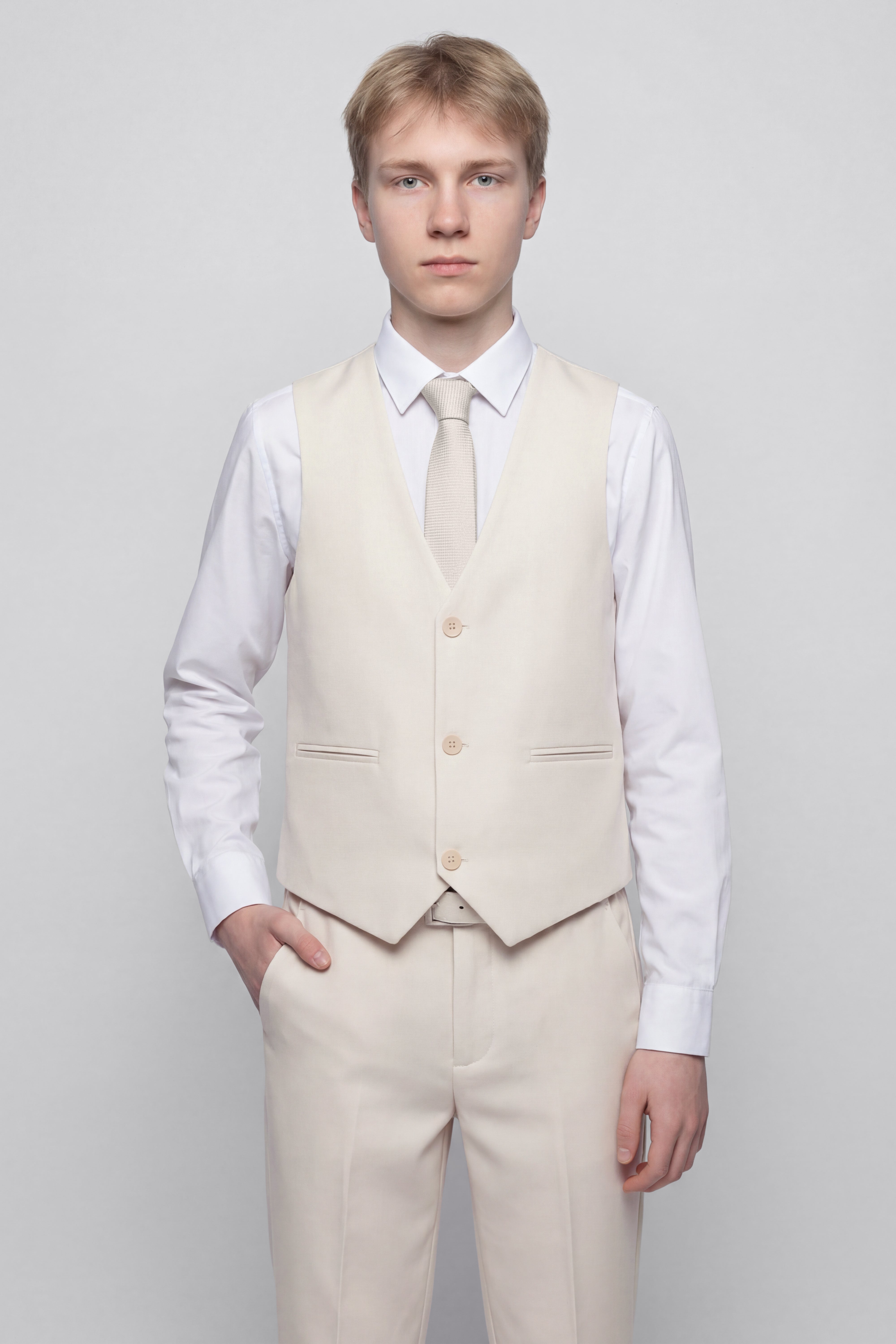 Boys  Communion Slim Fit Textured 8-Piece Formal Suit Set - Ivory Front Picture