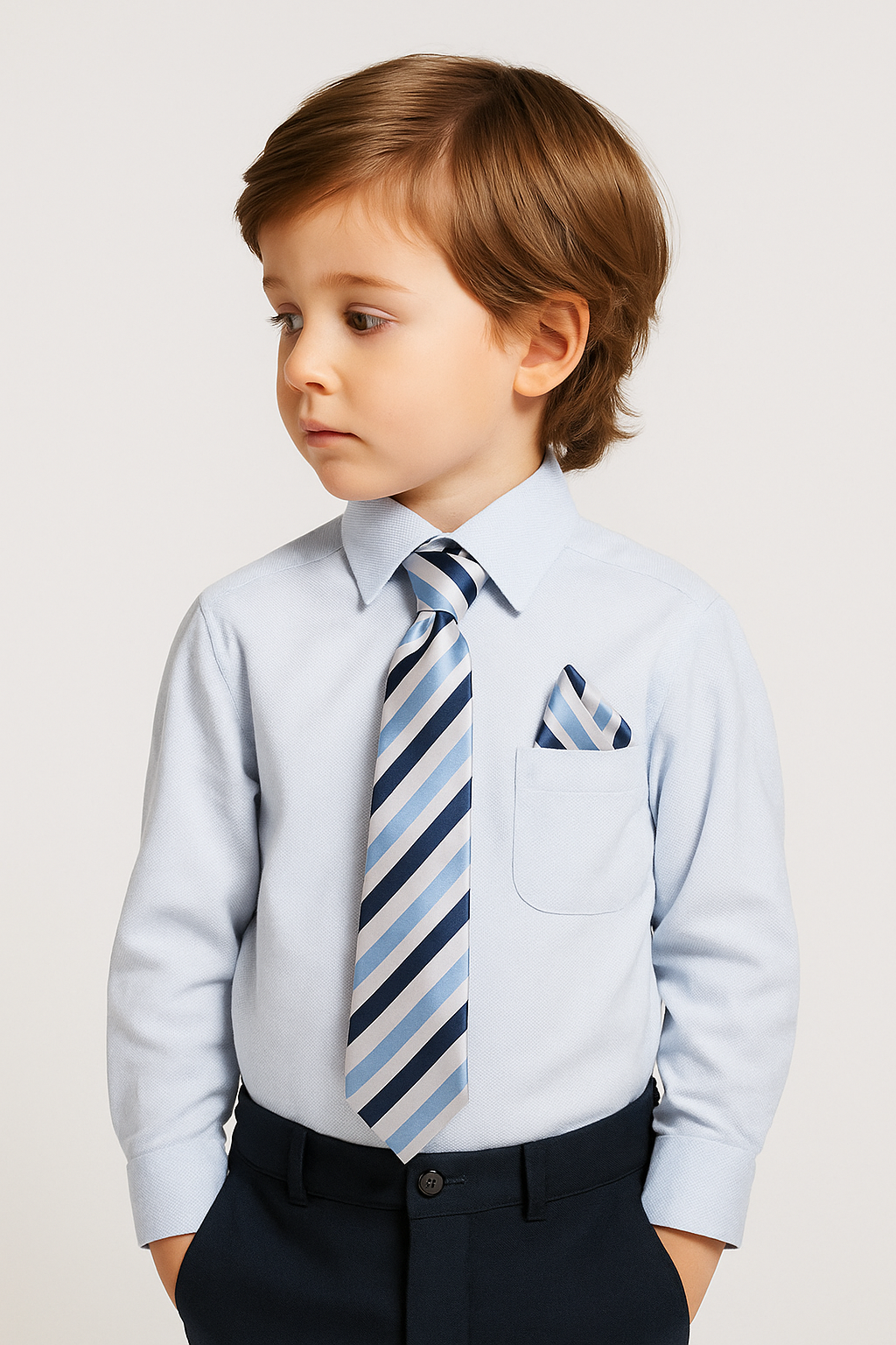 Boys Cotton Blend Long Sleeve Shirt, Tie & Hanky Set - Light Blue- Patterned Tie
