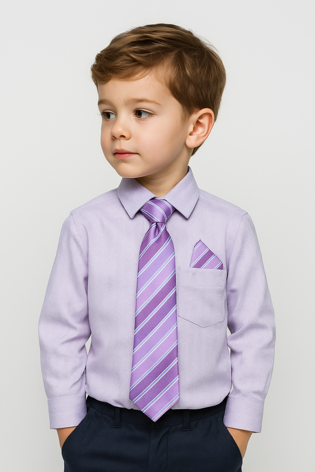 Boys Cotton Blend Long Sleeve Shirt, Tie & Hanky Set - Lilac -Patterned Tie