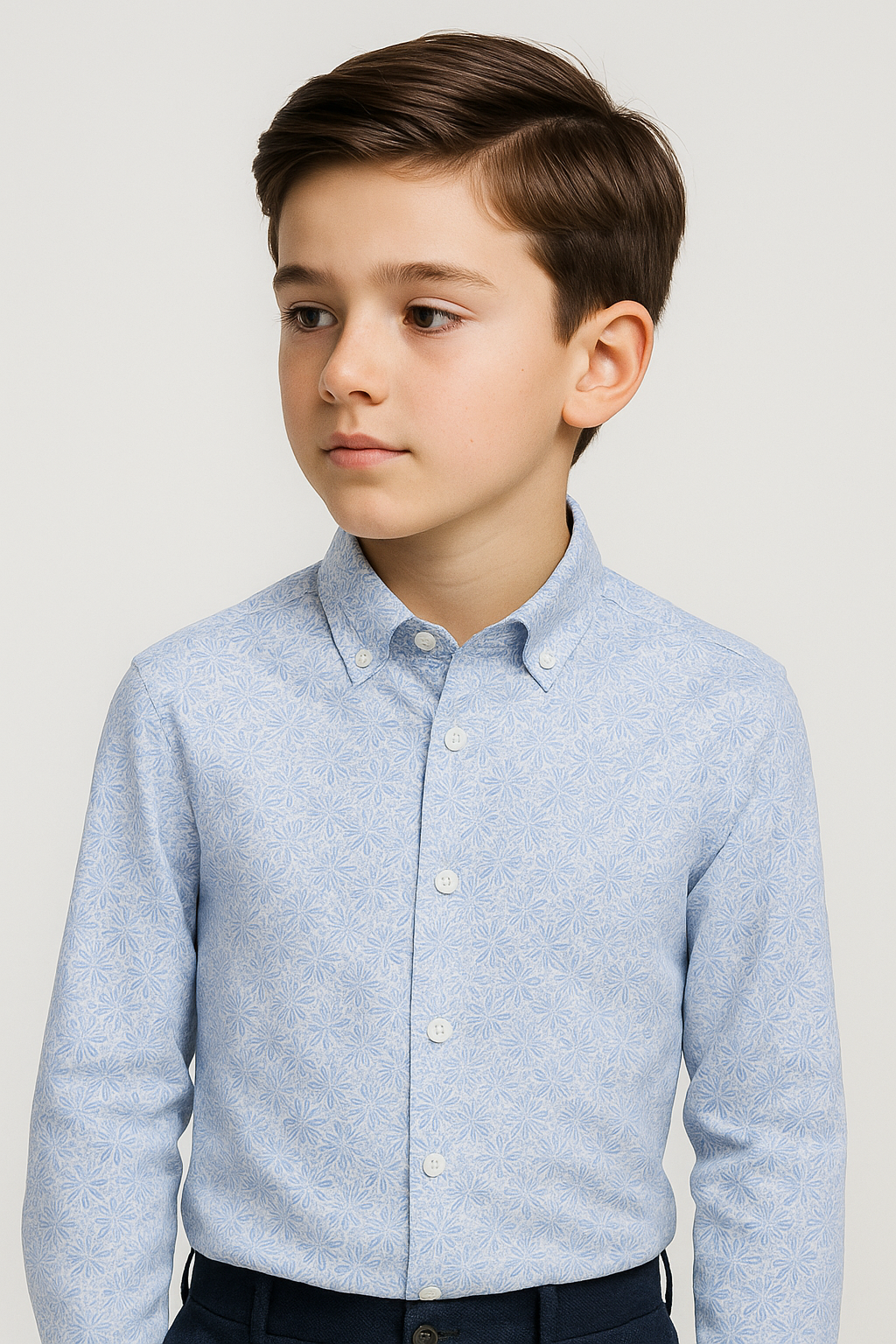 Boys’ Cotton Blue Floral Pattern Button Down Shirt Model Picture