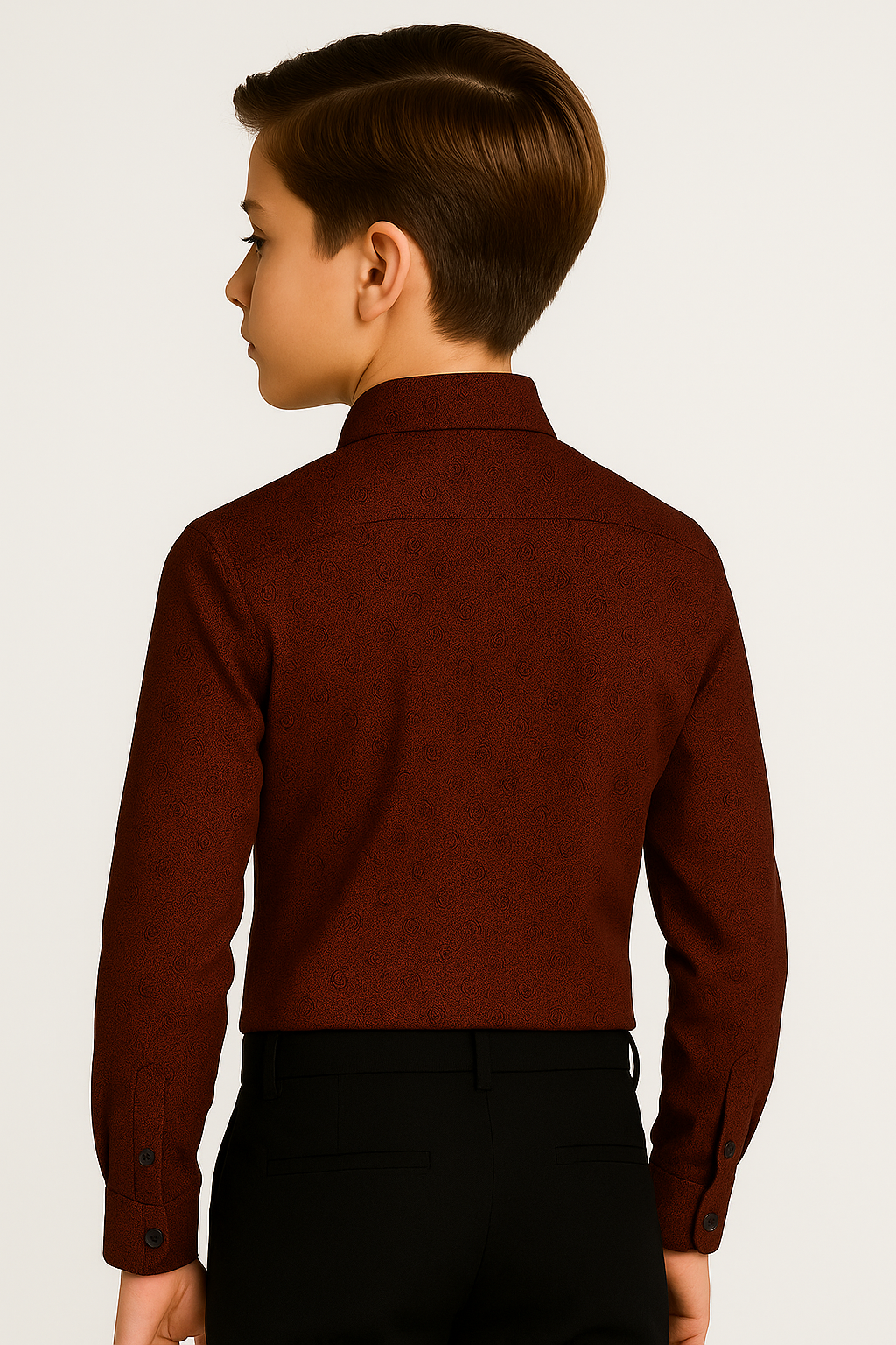 Boys’ Cotton Burgundy Floral Paisley Button Down Shirt Back picture