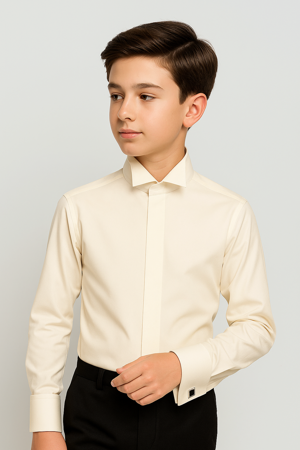 Boys’ Cotton Ivory Wing Collar Dress Shirt with Cufflinks Model Picture