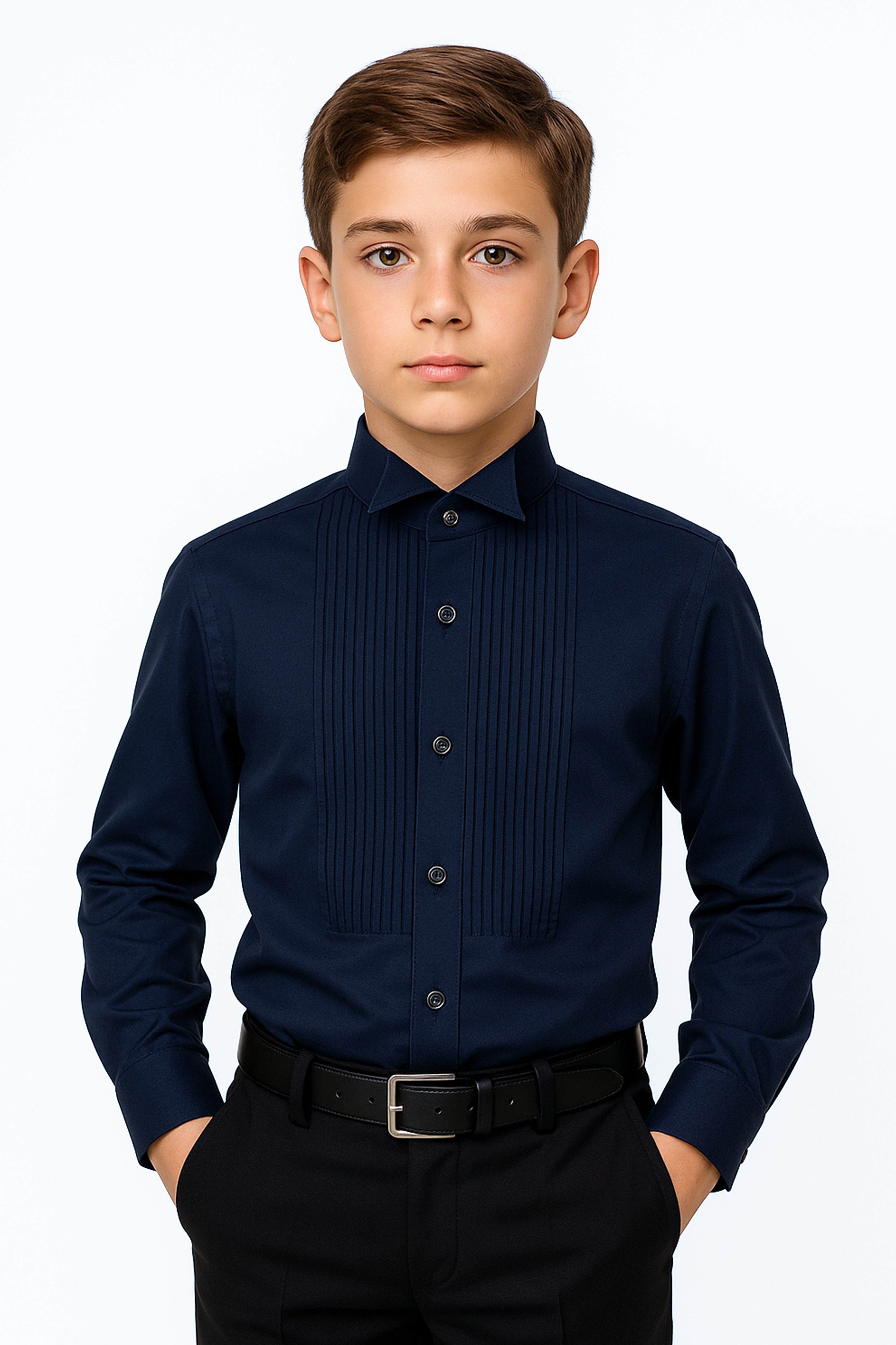 Boys Cotton Wing Collar Pleated Cufflink Shirt  - Navy Blue Model Picture