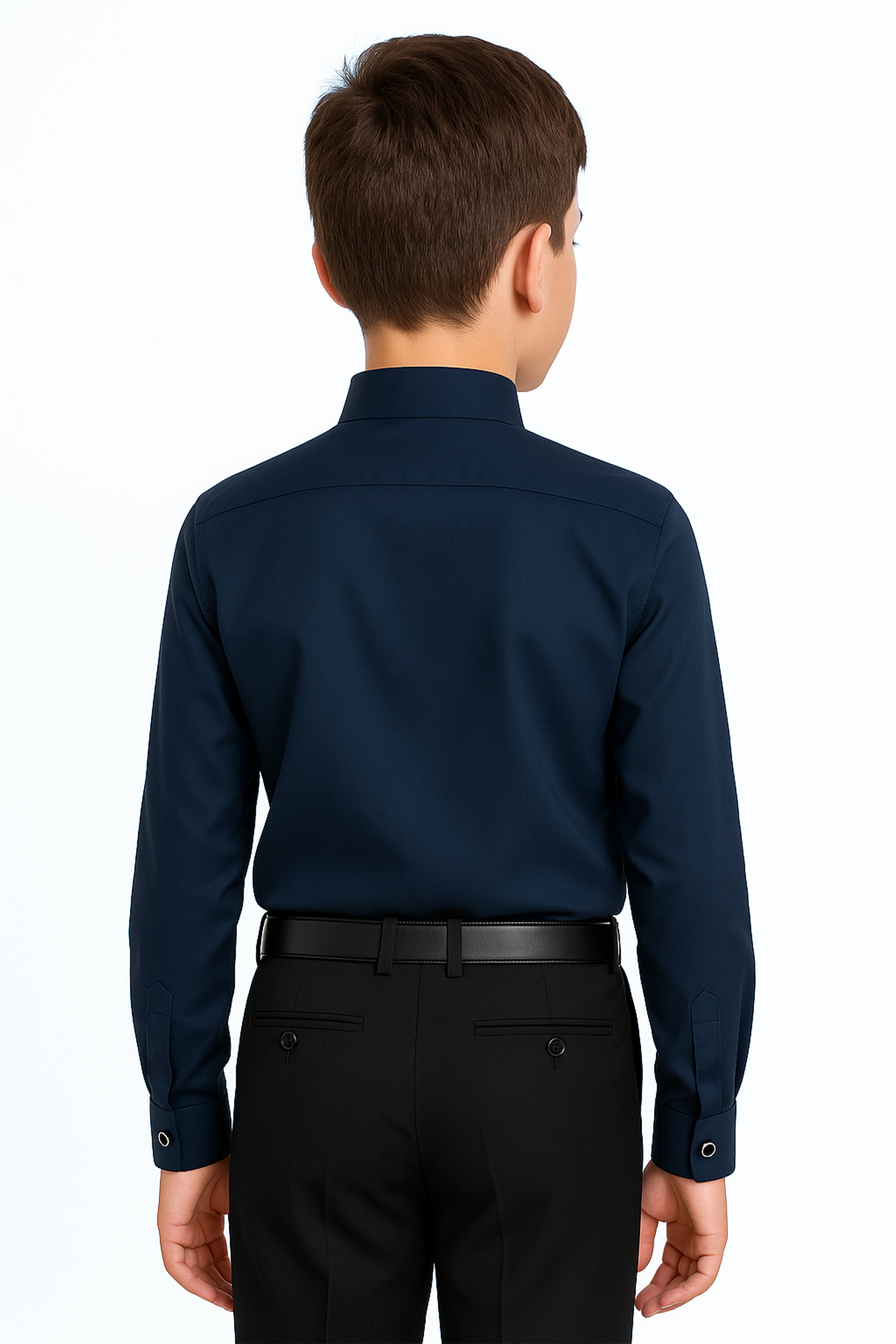 Boys Cotton Wing Collar Pleated Cufflink Shirt  - Navy Blue Back Picture