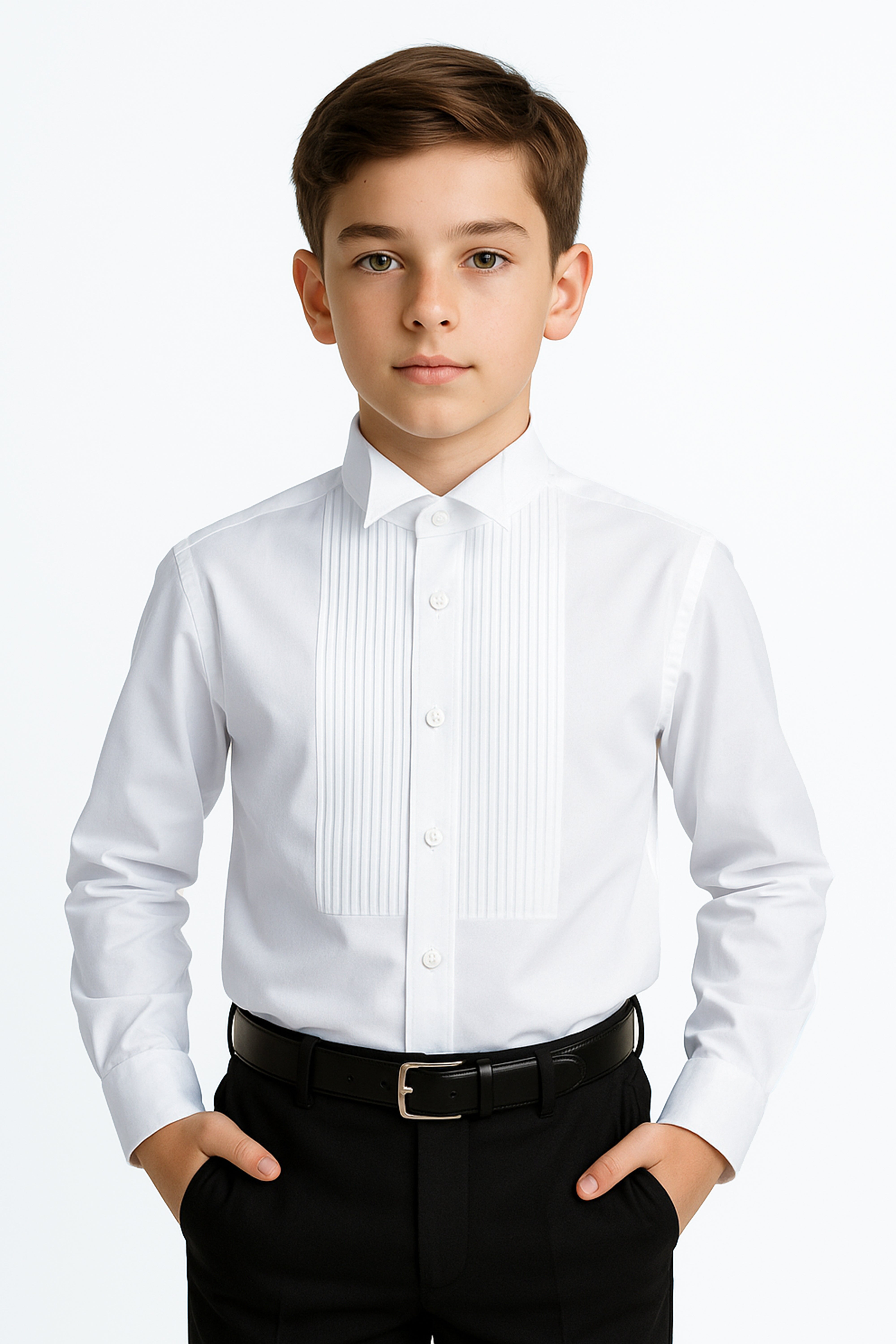 Boys Cotton Wing Collar Pleated Cufflink Shirt - White Front Picture