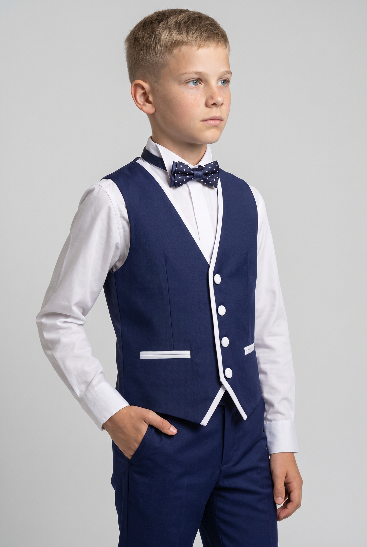 Boys Exclusive Piping Tuxedo Suit - Dark Blue - White