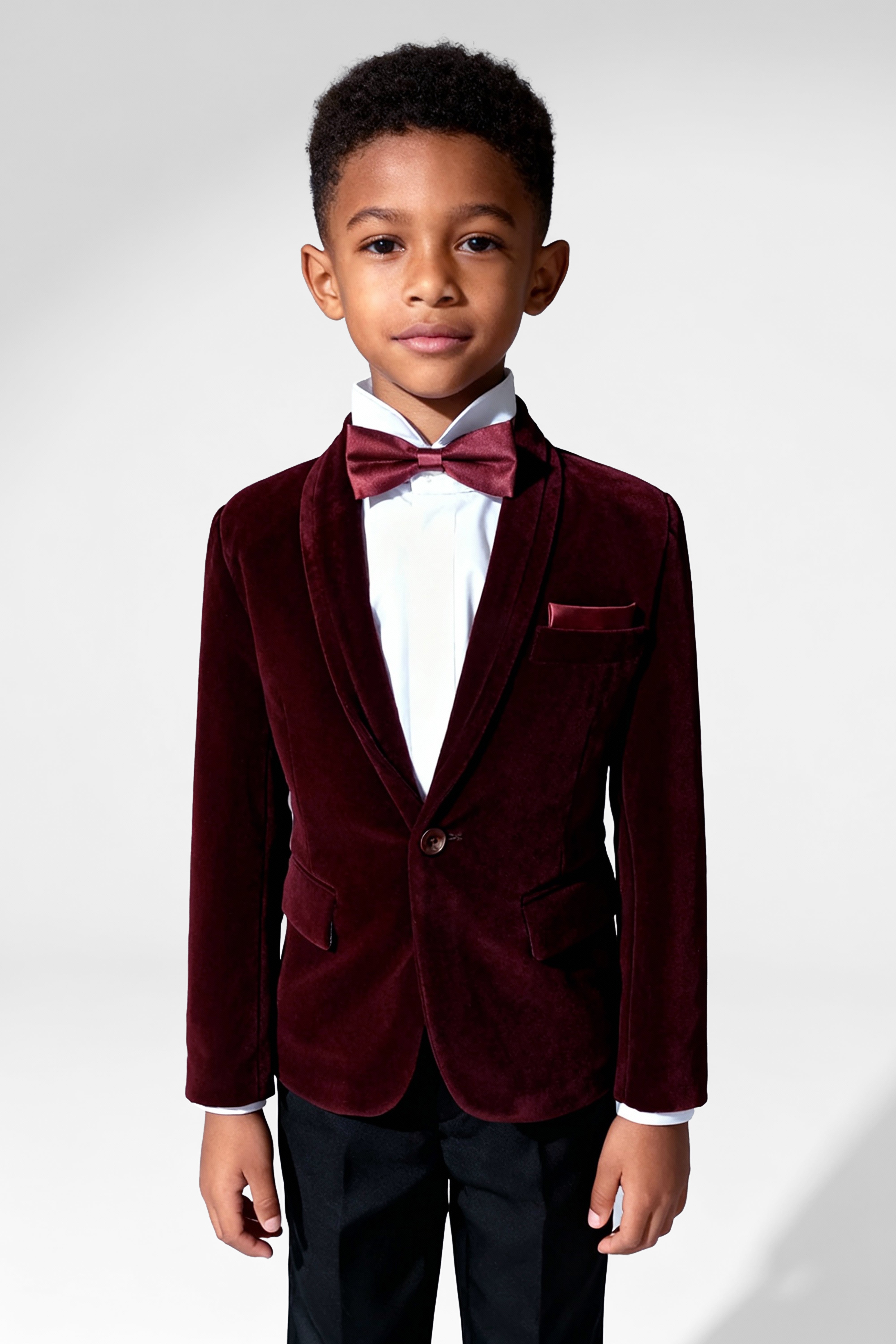 Boys Formal Velvet Blazer Jacket - Burgundy Model Picture