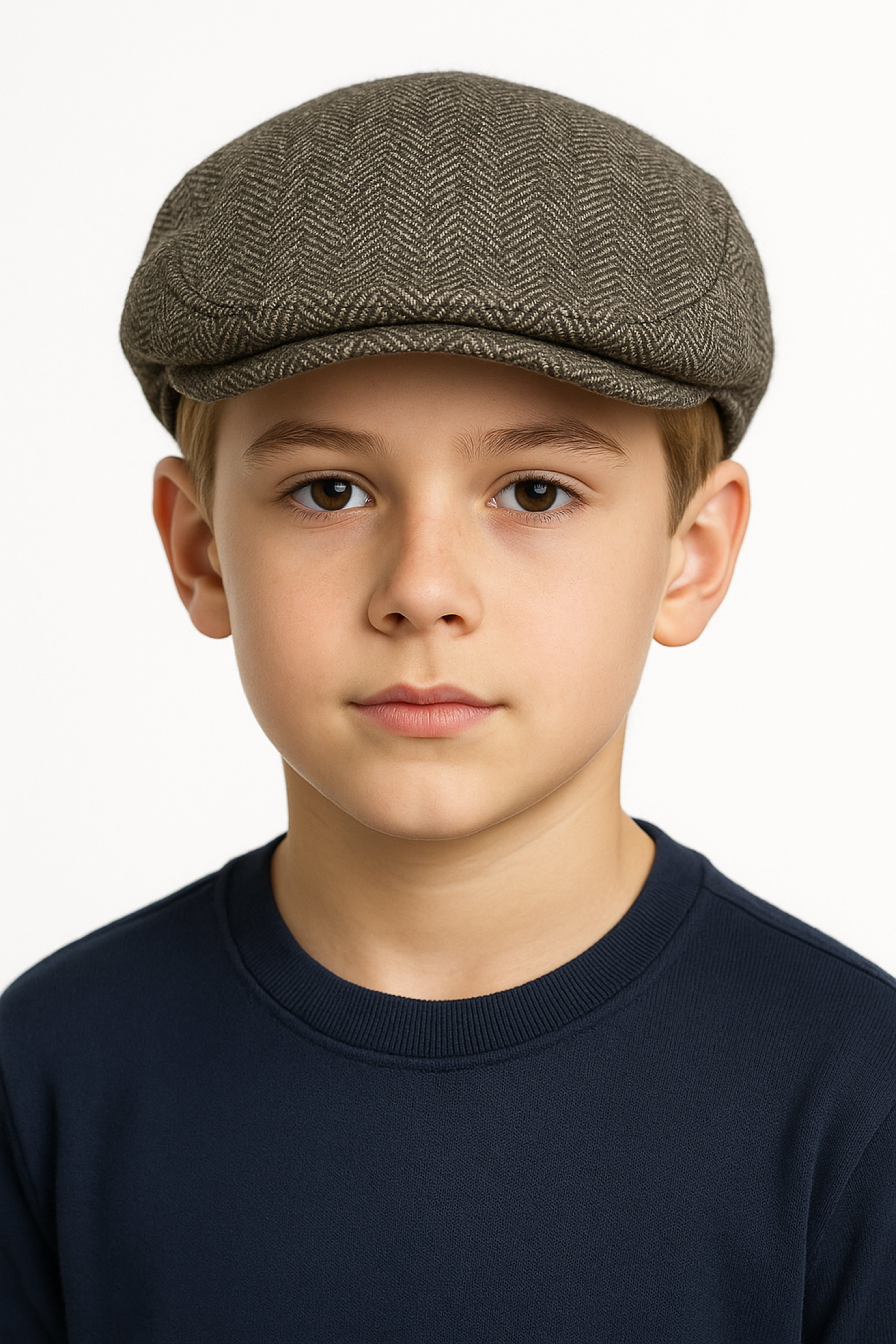 Boys’ Herringbone Tweed Baker Boy Flat Cap - Freddie - Brown Model Picture