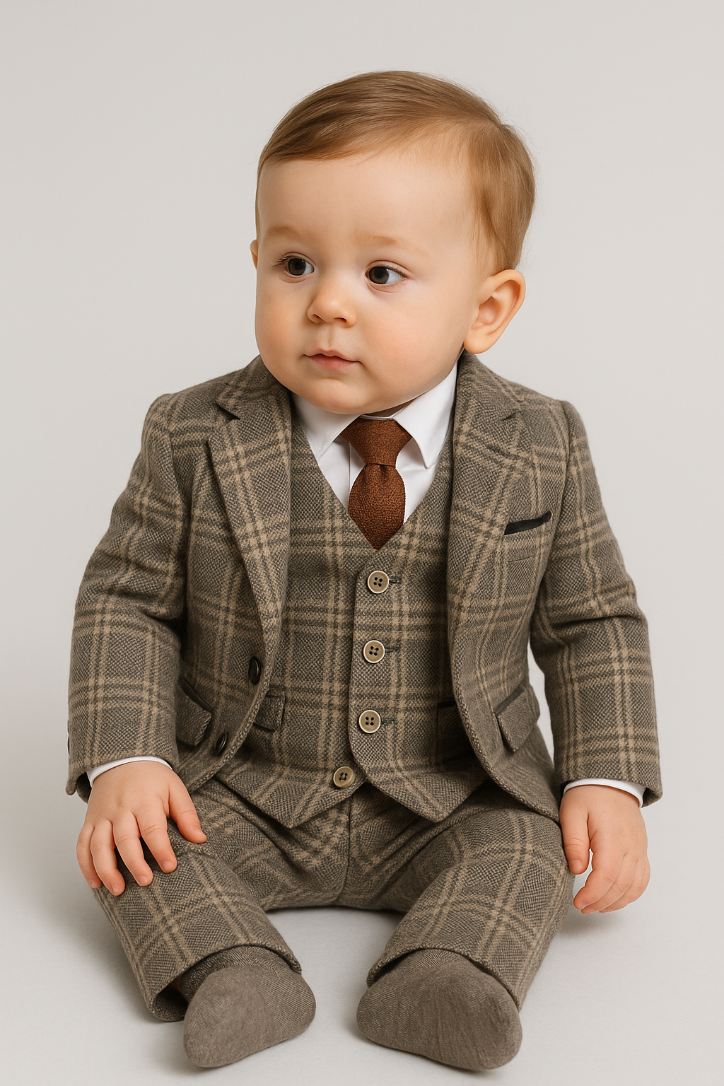 Boys Herringbone Tweed Check Suit with Elbow Patches - LUCAS - Brown