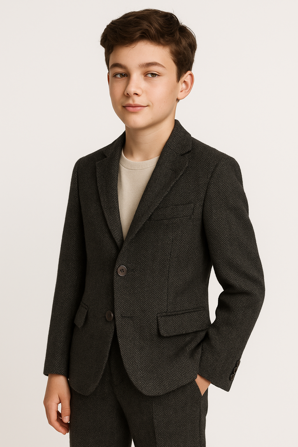 Boys Herringbone Tweed Formal Blazer - Dark Grey Model Picture