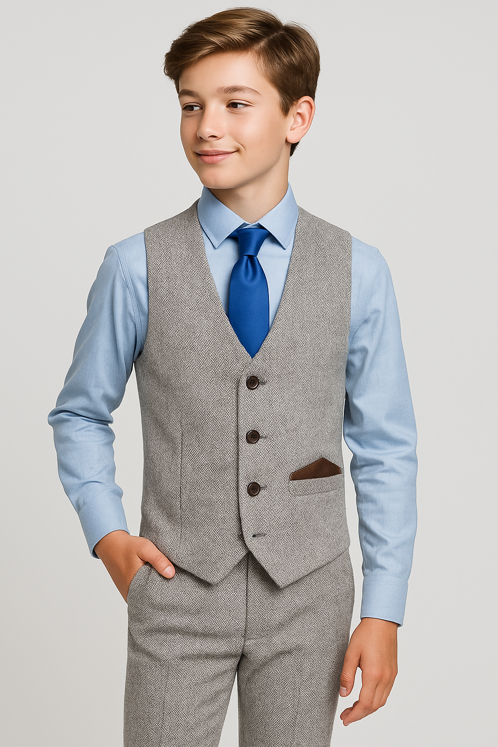 Boys Herringbone Tweed Waistcoat Suit Set - Light Brown Model Picture
