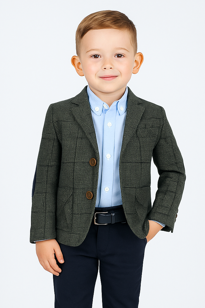 Boys Herringbone Windowpane Wool Suit - Grey Model Picture