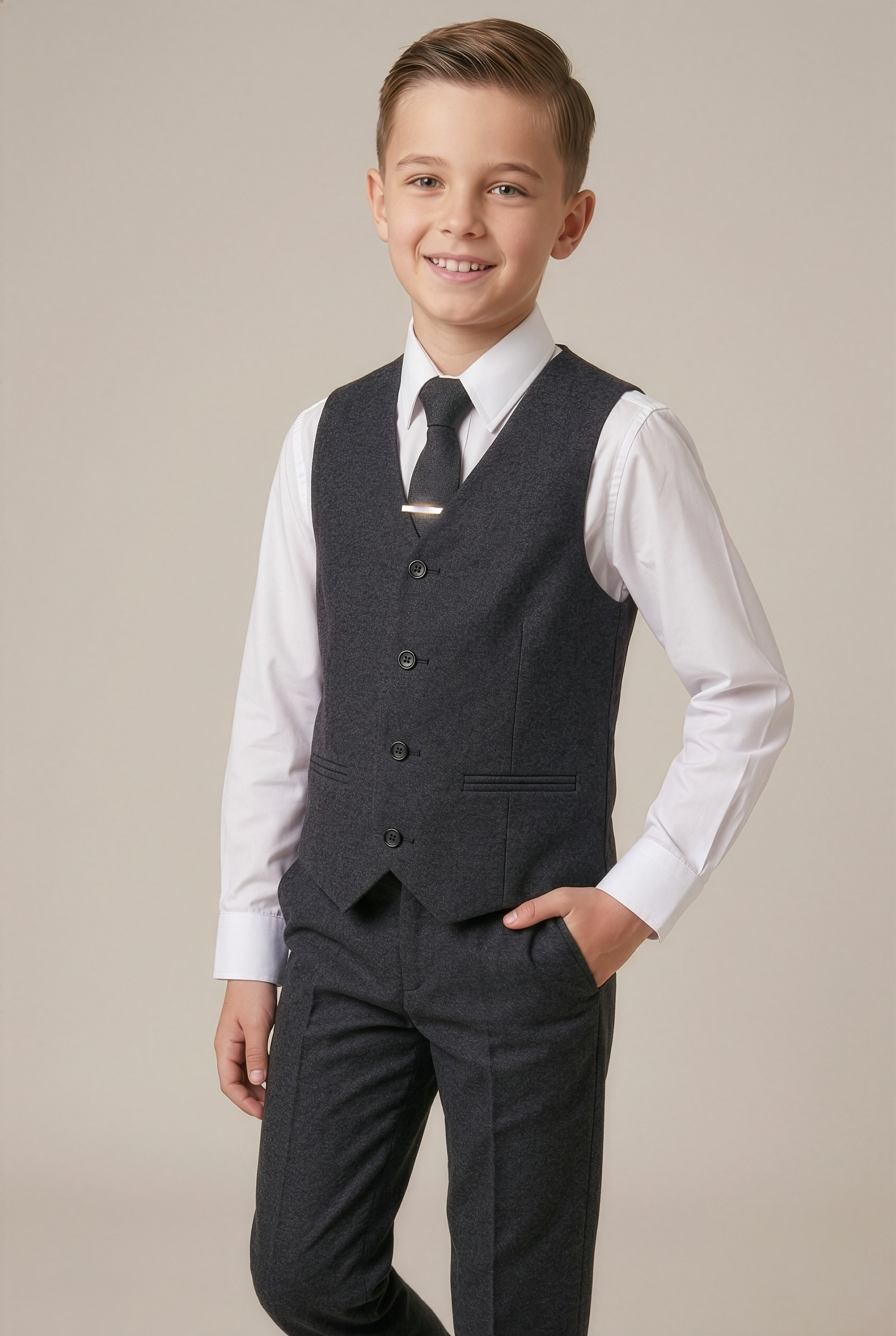 Boys Husky Tweed Tailored Fit Grey Suit - ADAM - Dark Grey