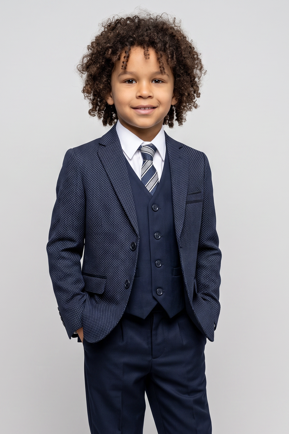 Boys Italian Slim Fit Polka Dot Navy Suit - Navy Blue