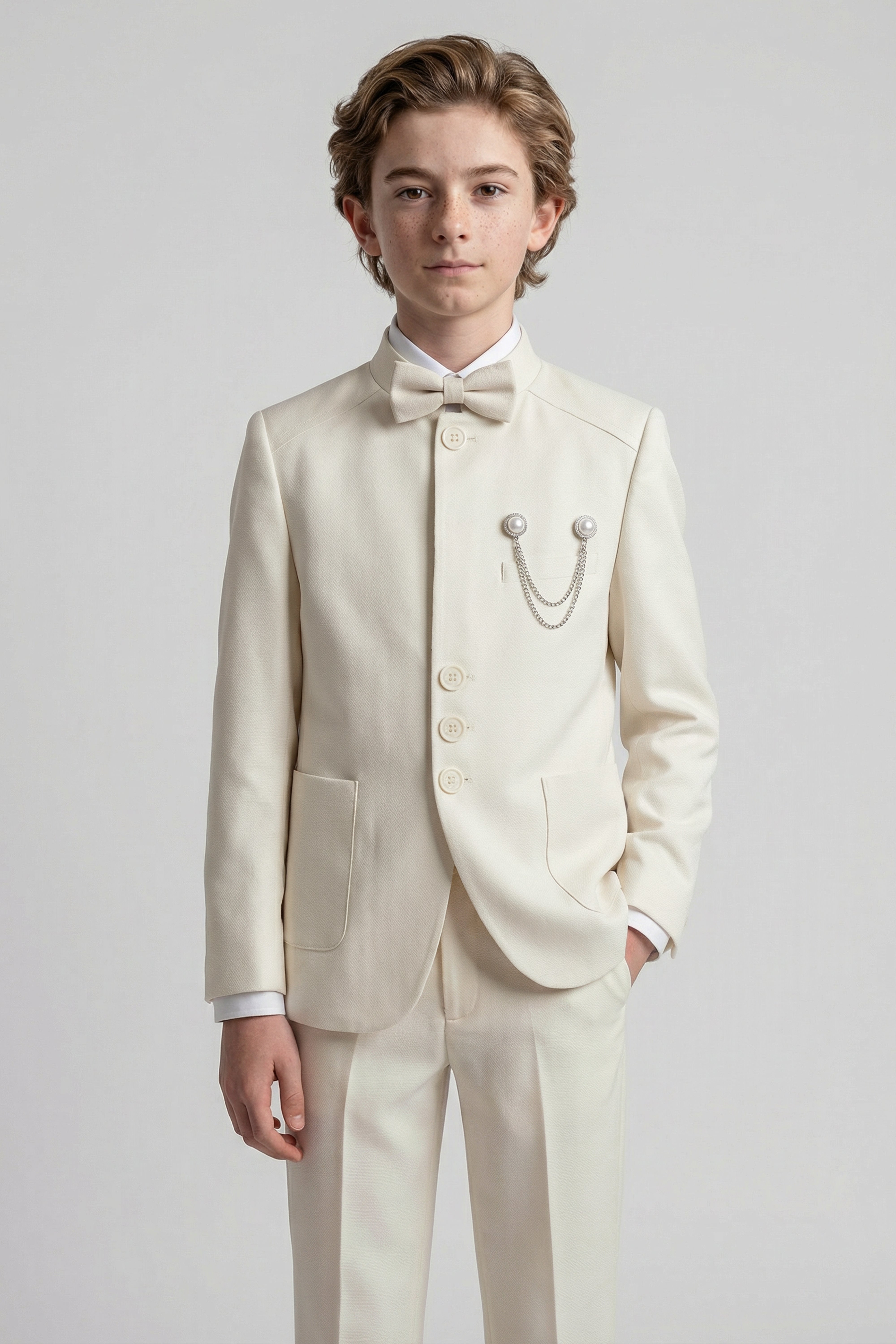 Boys’ Ivory 6-Piece Ottoman Formal Suit with Mandarin Collar Model Front Picture