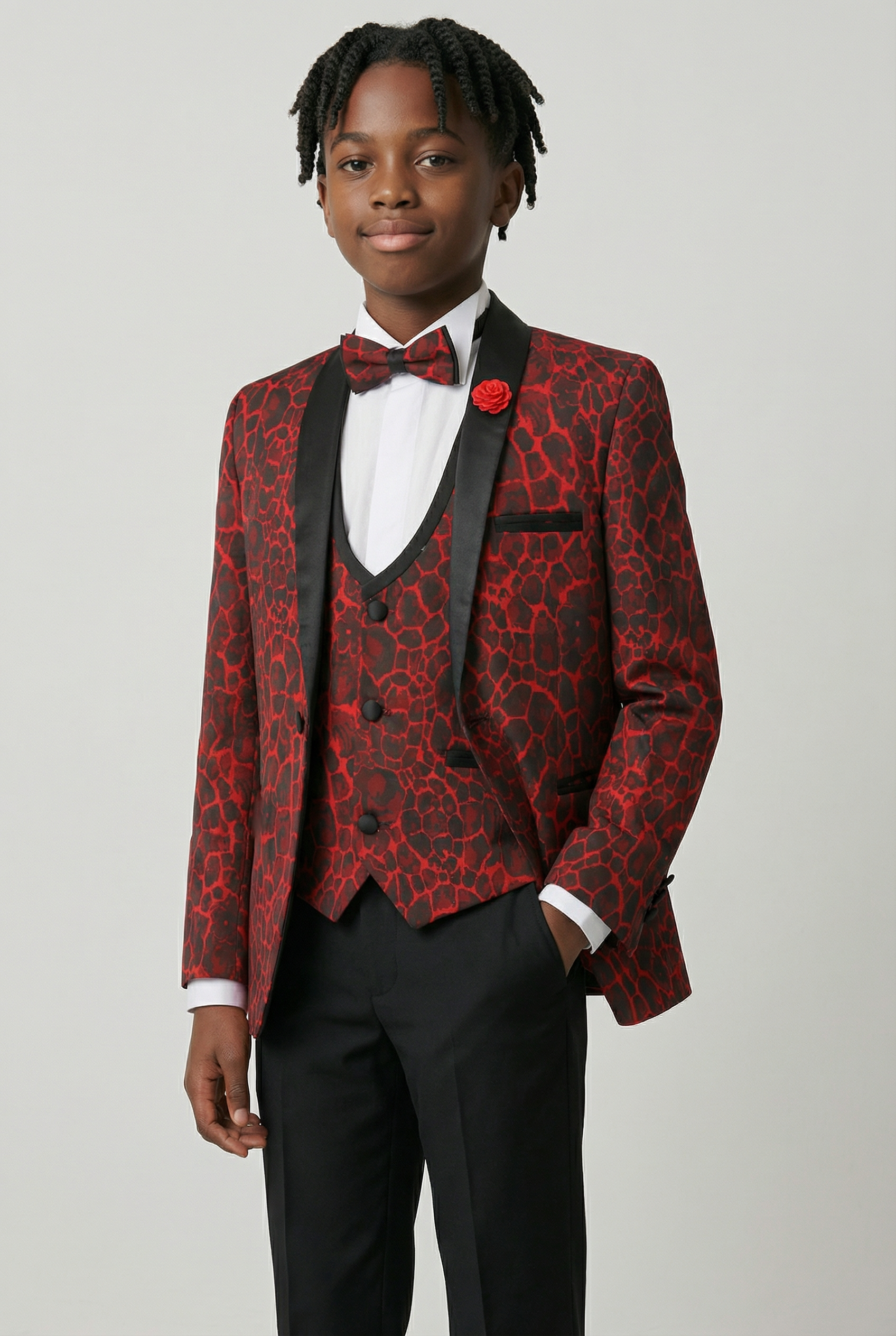 Boys Jacquard Burgundy Tuxedo Suit - Red