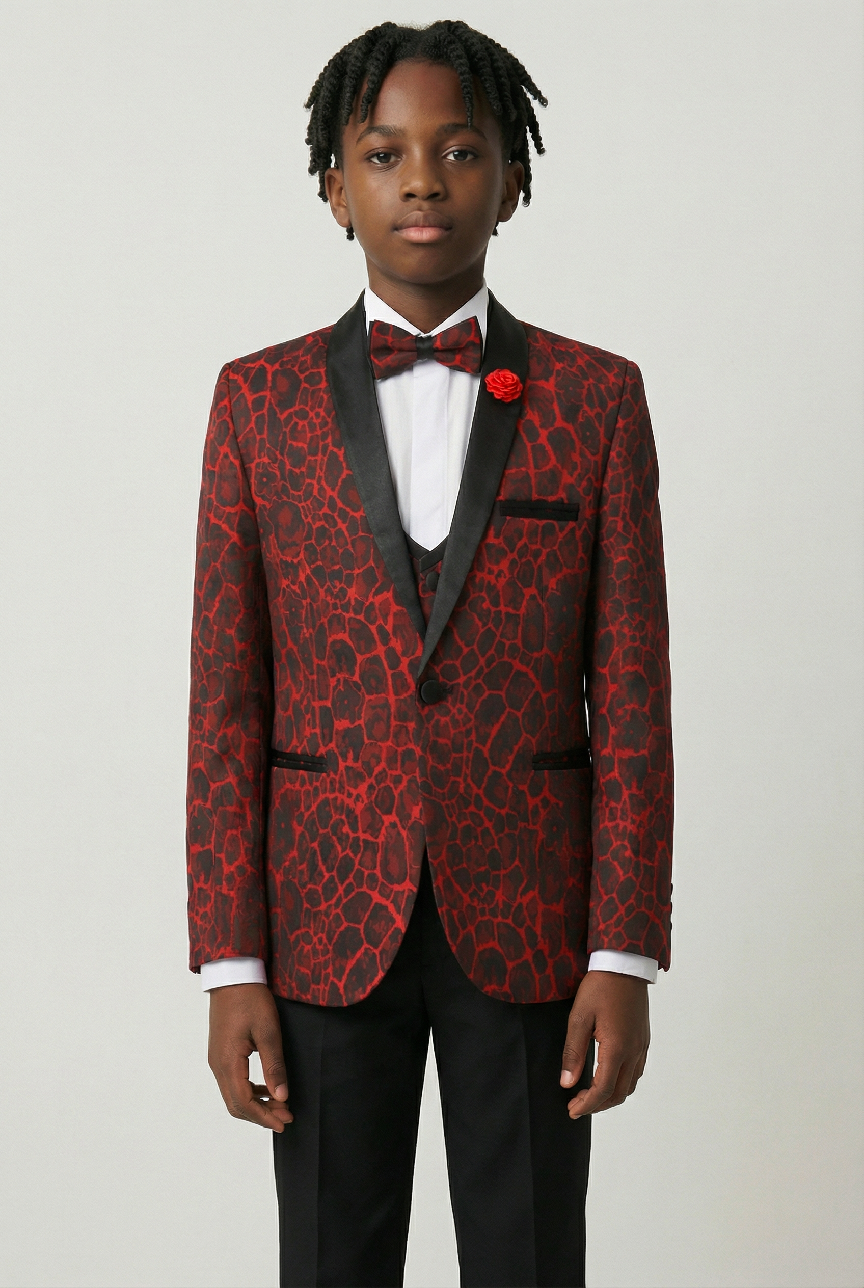 Boys Jacquard Burgundy Tuxedo Suit - Red