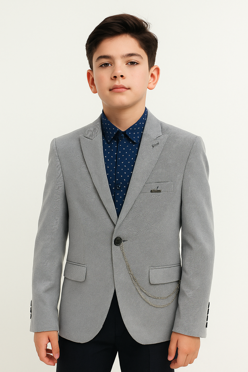 Boys’ Light Grey Slim Fit Blazer Jacket with Chain Detail mODEL pICTURE
