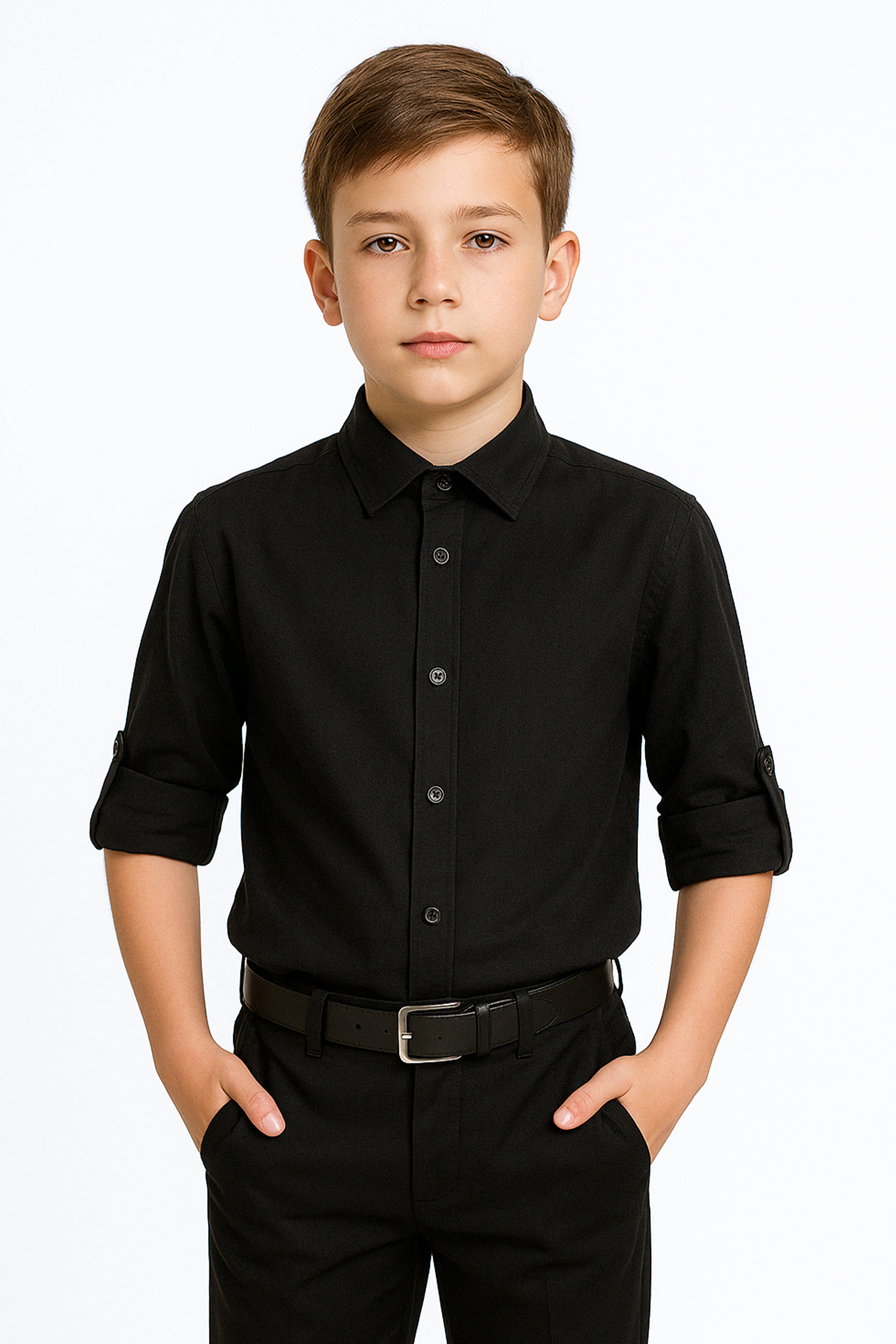 Boys Linen Roll Up Sleeve Shirt - Black Front Picture