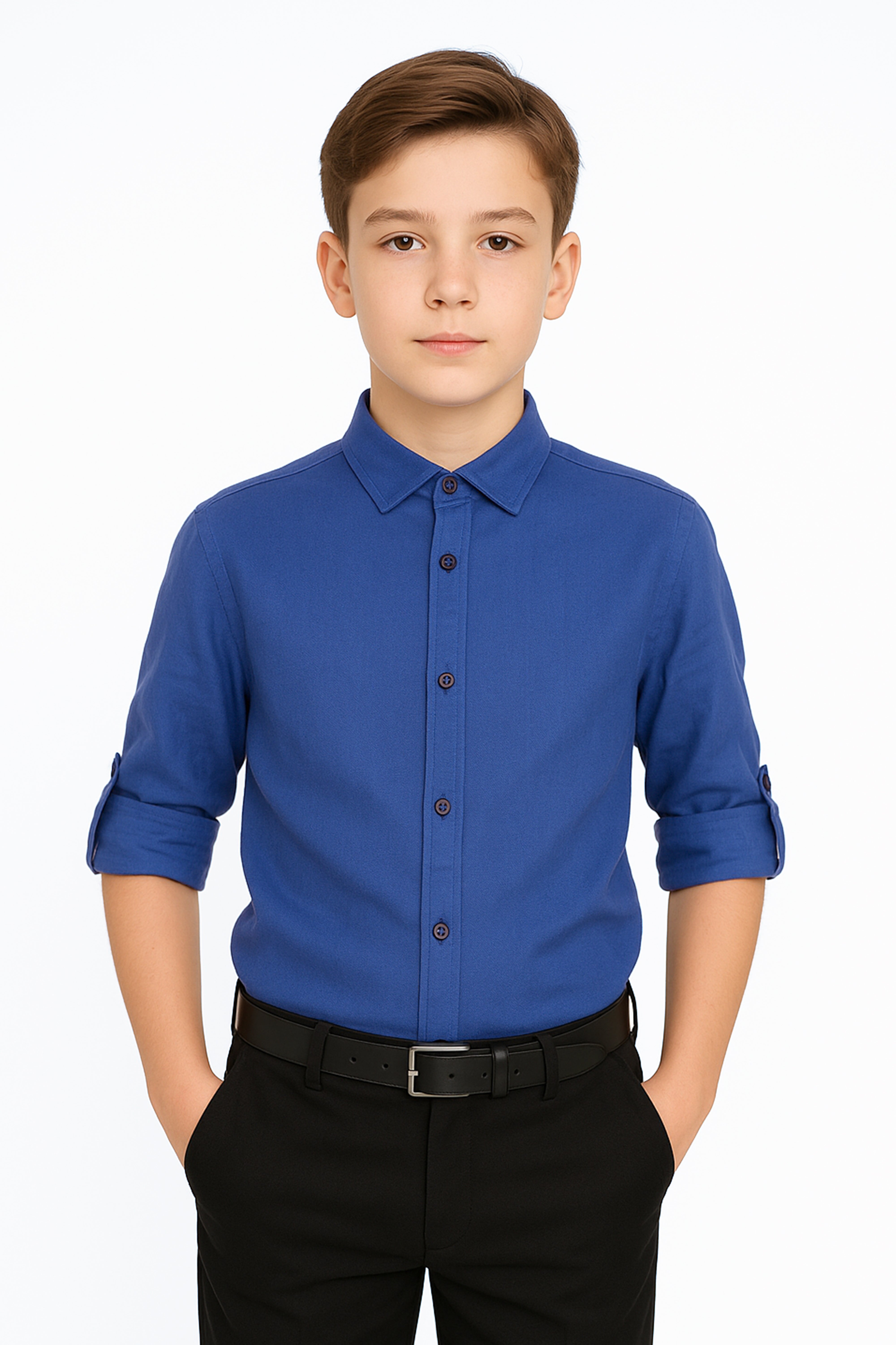 Boys Linen Roll Up Sleeve Shirt - Blue Front Picture