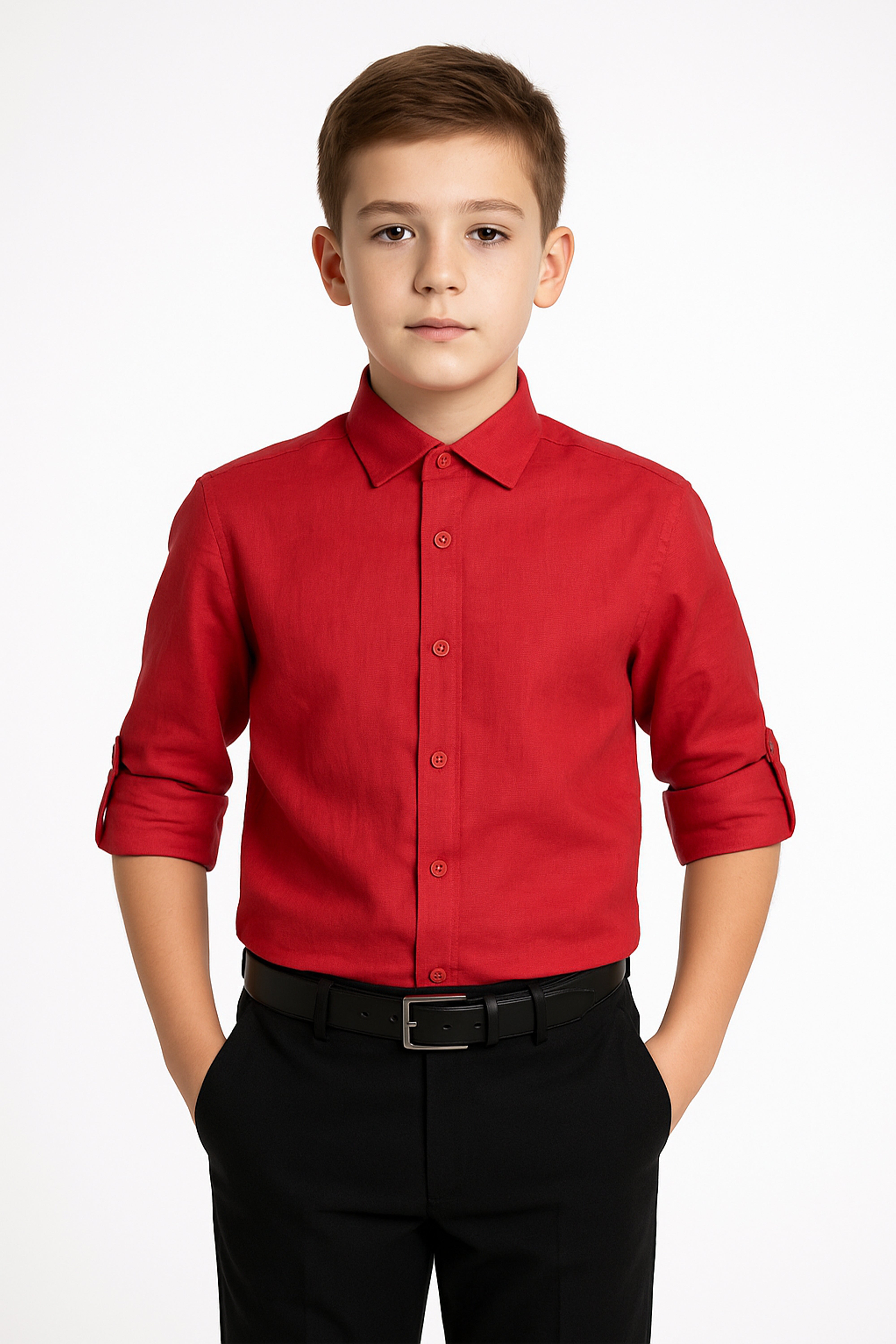 Boys Linen Roll Up Sleeve Shirt - Red Front Picture