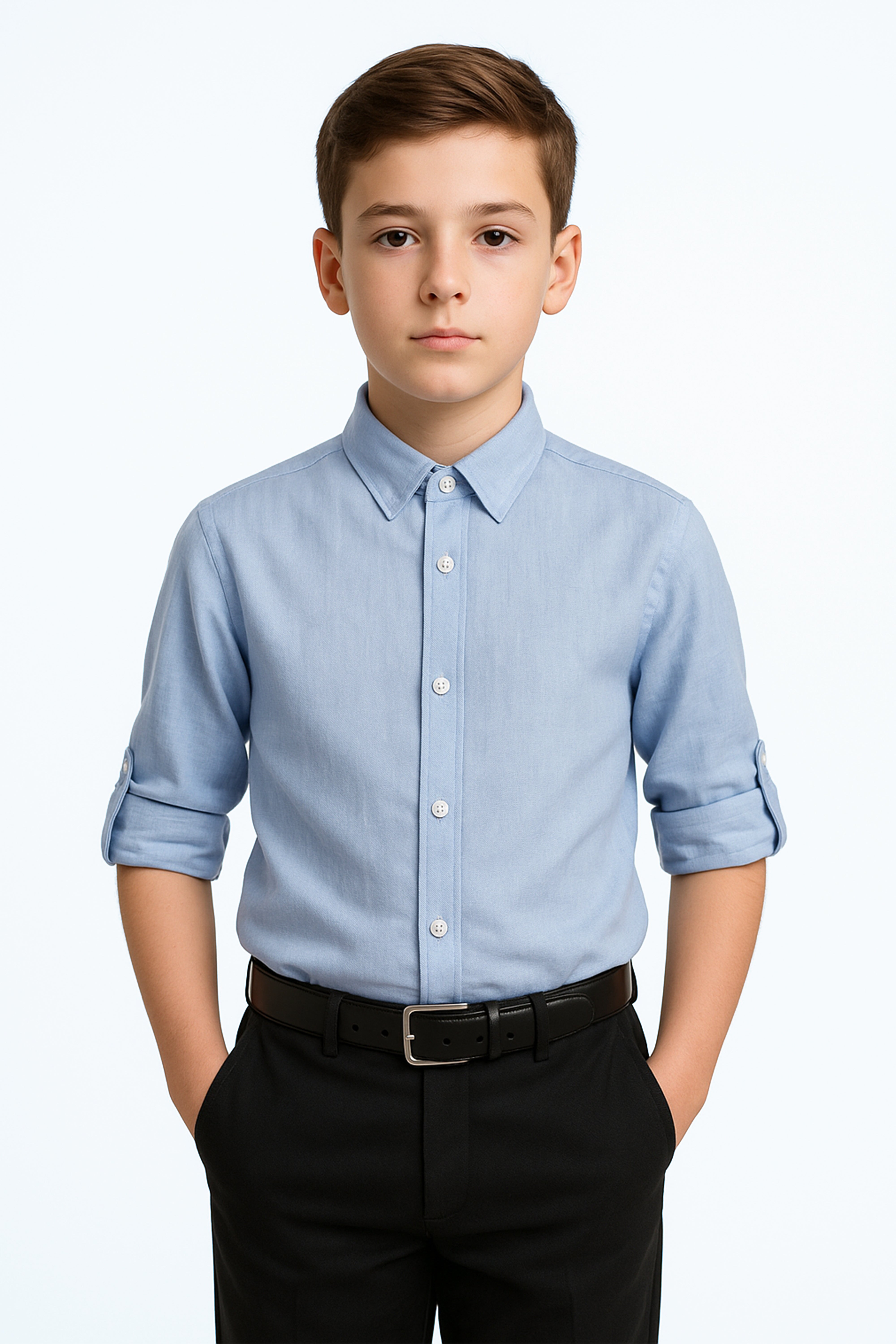 Boys Linen Roll Up Sleeve Shirt - Sky Blue Front Picture