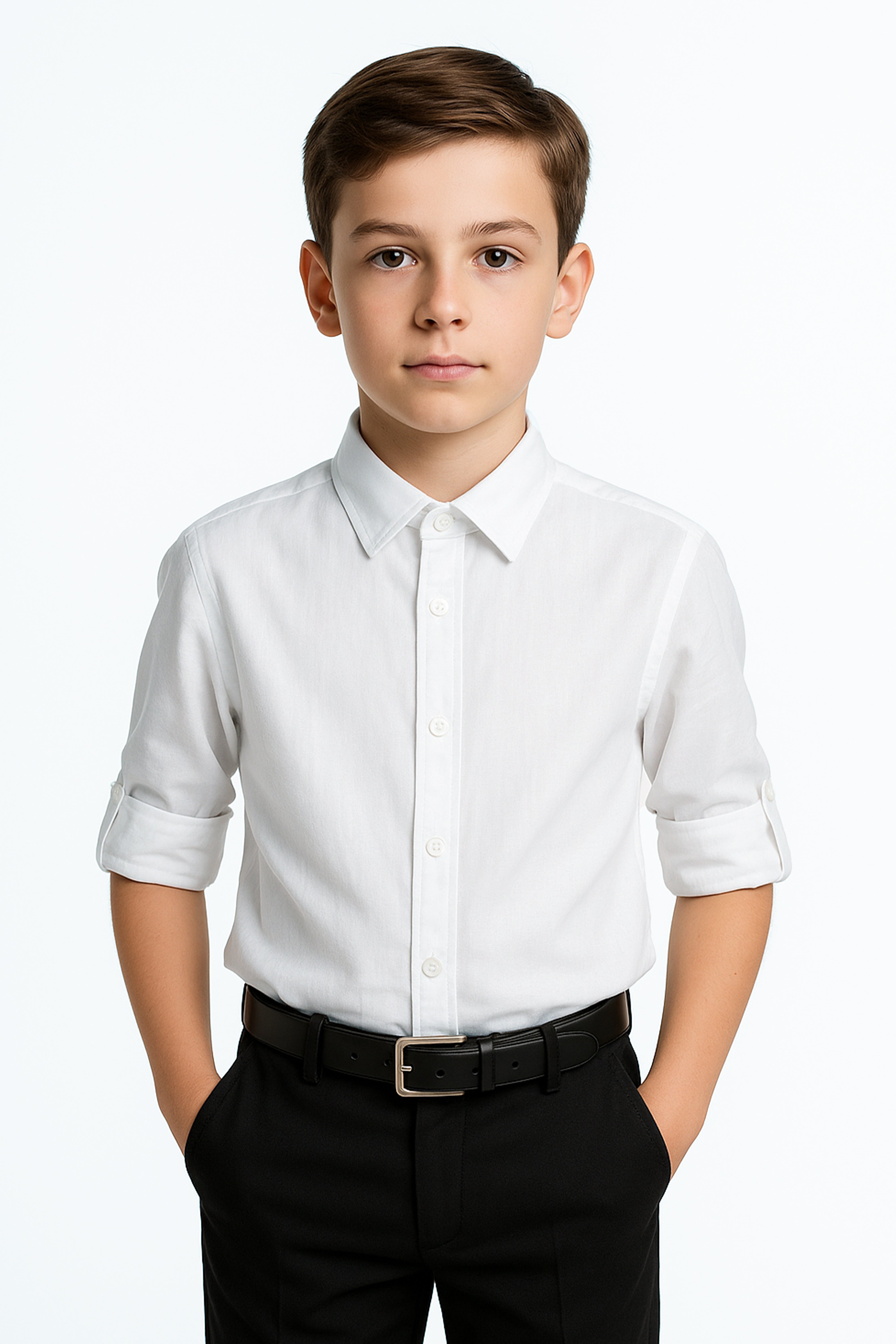 Boys Linen Roll Up Sleeve Shirt - White Front Picture