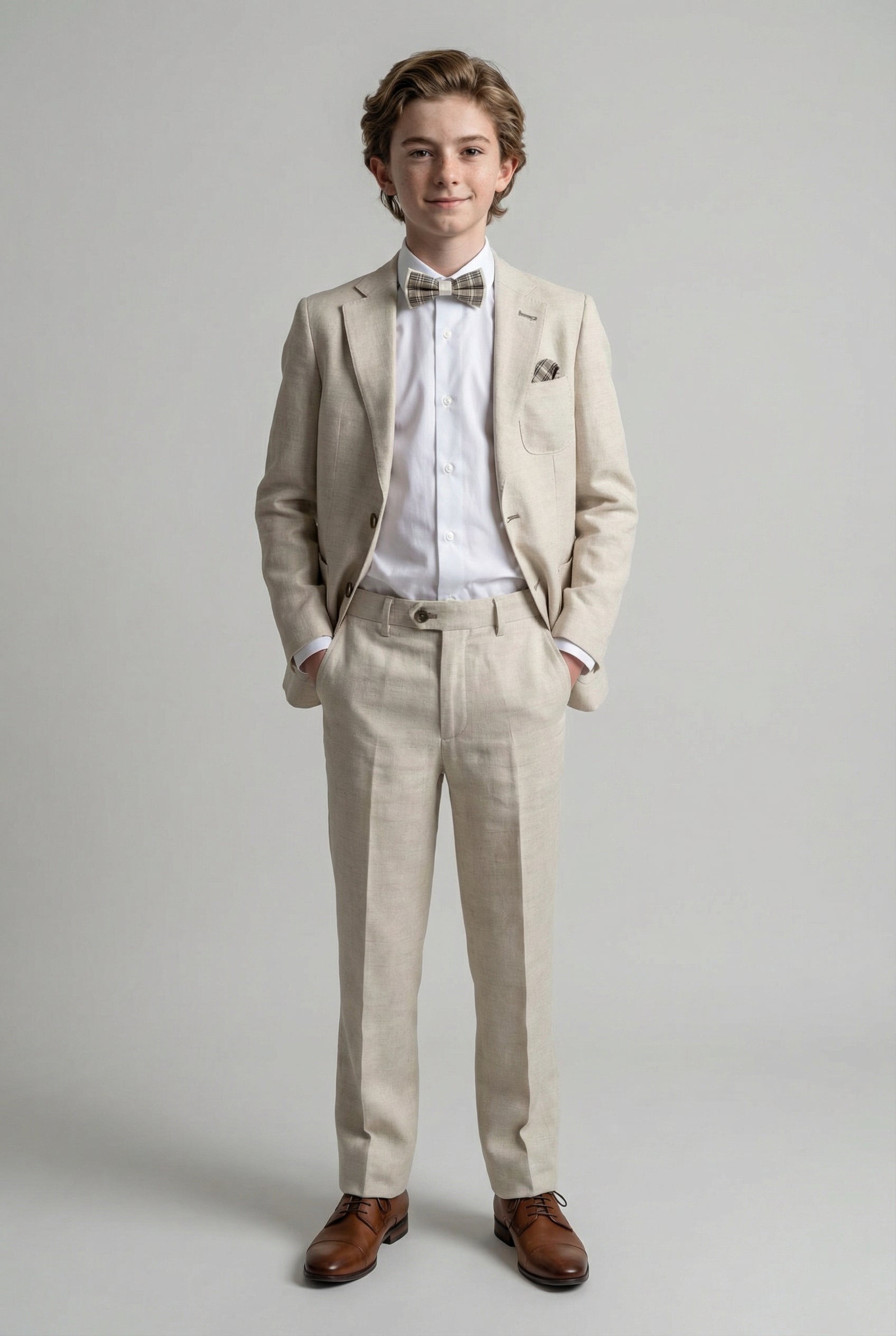 Boys Linen Suit with Elbow Patches - Tan Beige