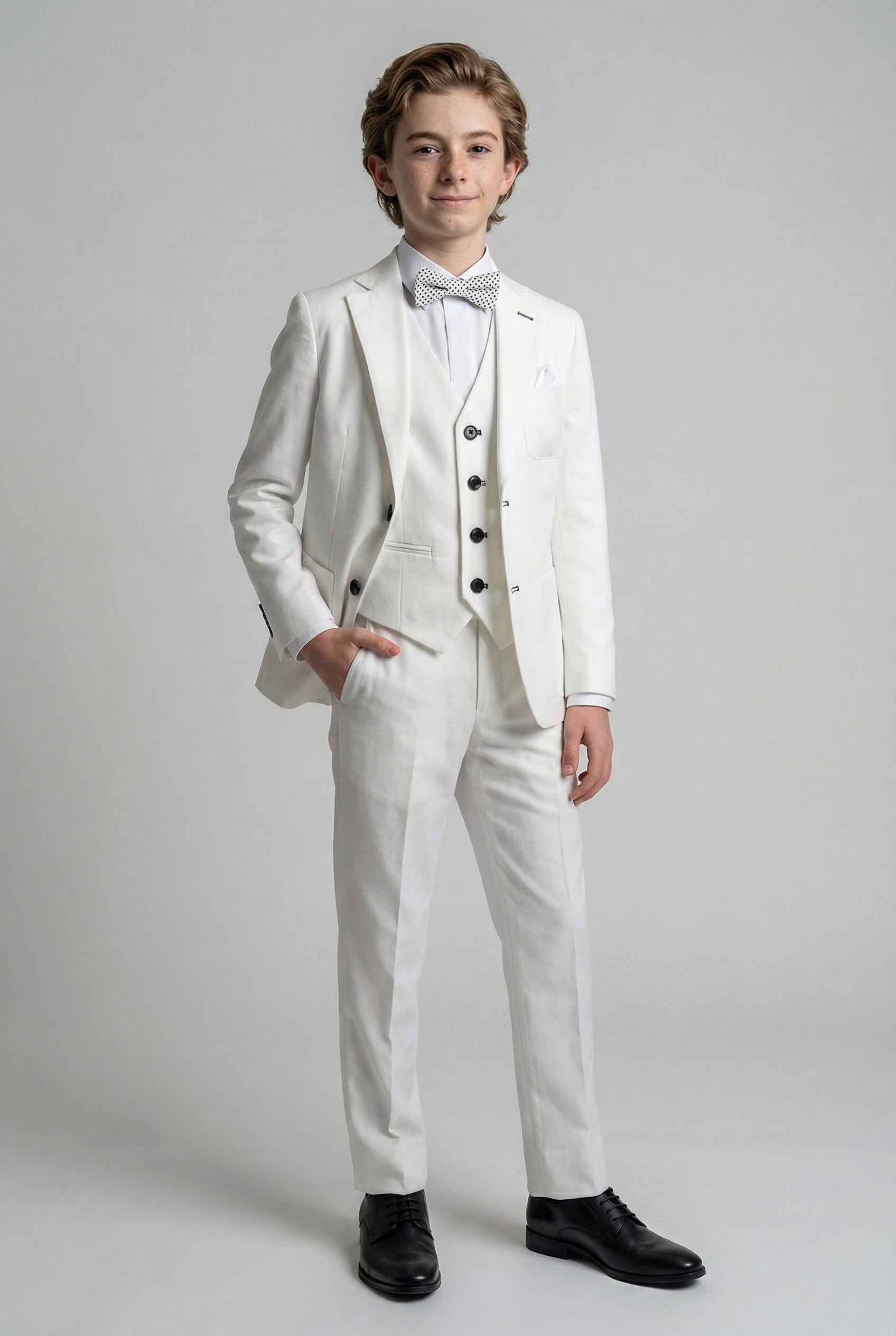 Boys Linen Suit with Elbow Patches - White