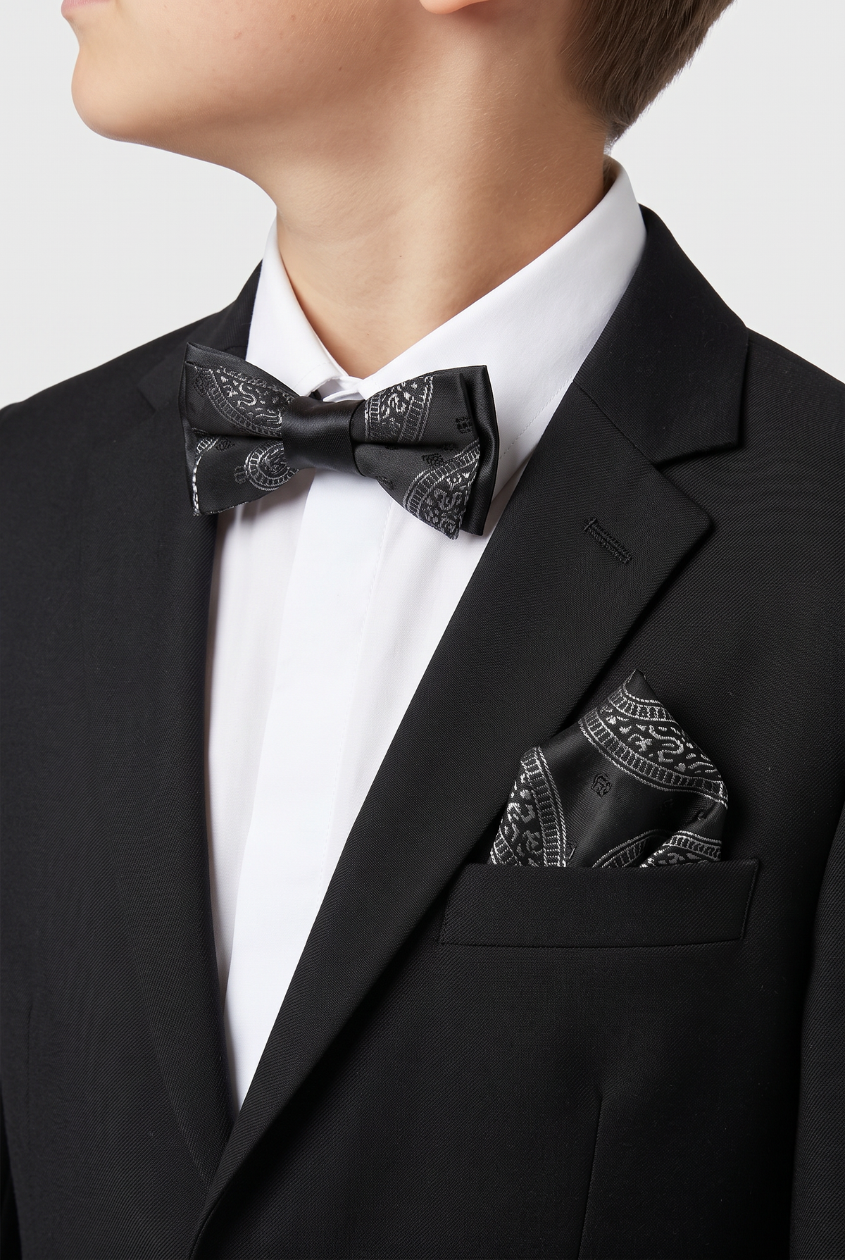 Boys & Men's Paisley Bow Tie or Bow Tie & Pocket Square Set - Black and White