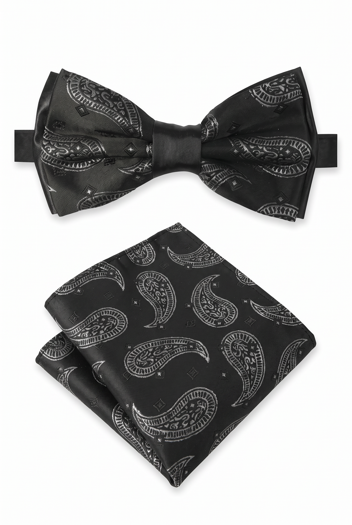 Boys & Men's Paisley Bow Tie or Bow Tie & Pocket Square Set - Black and White