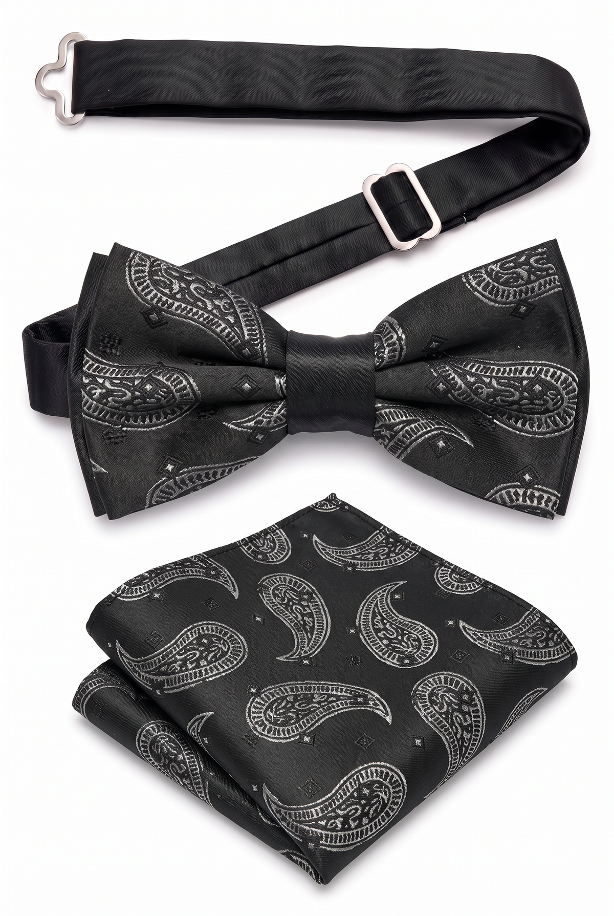 Boys & Men's Paisley Bow Tie or Bow Tie & Pocket Square Set - Black and White