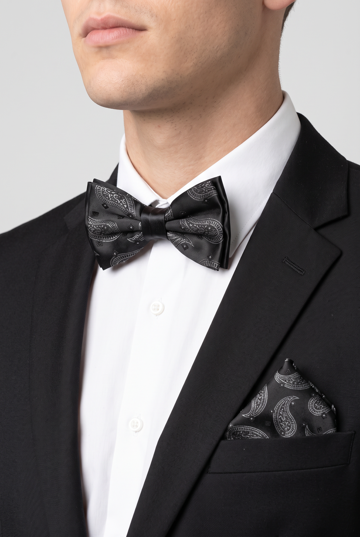 Boys & Men's Paisley Bow Tie or Bow Tie & Pocket Square Set - Black and White