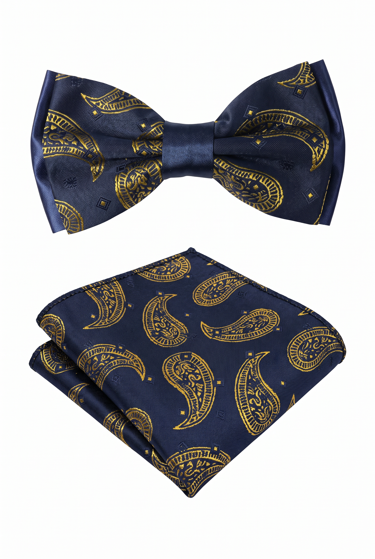 Boys & Men's Paisley Bow Tie or Bow Tie & Pocket Square Set - Navy Blue and Gold