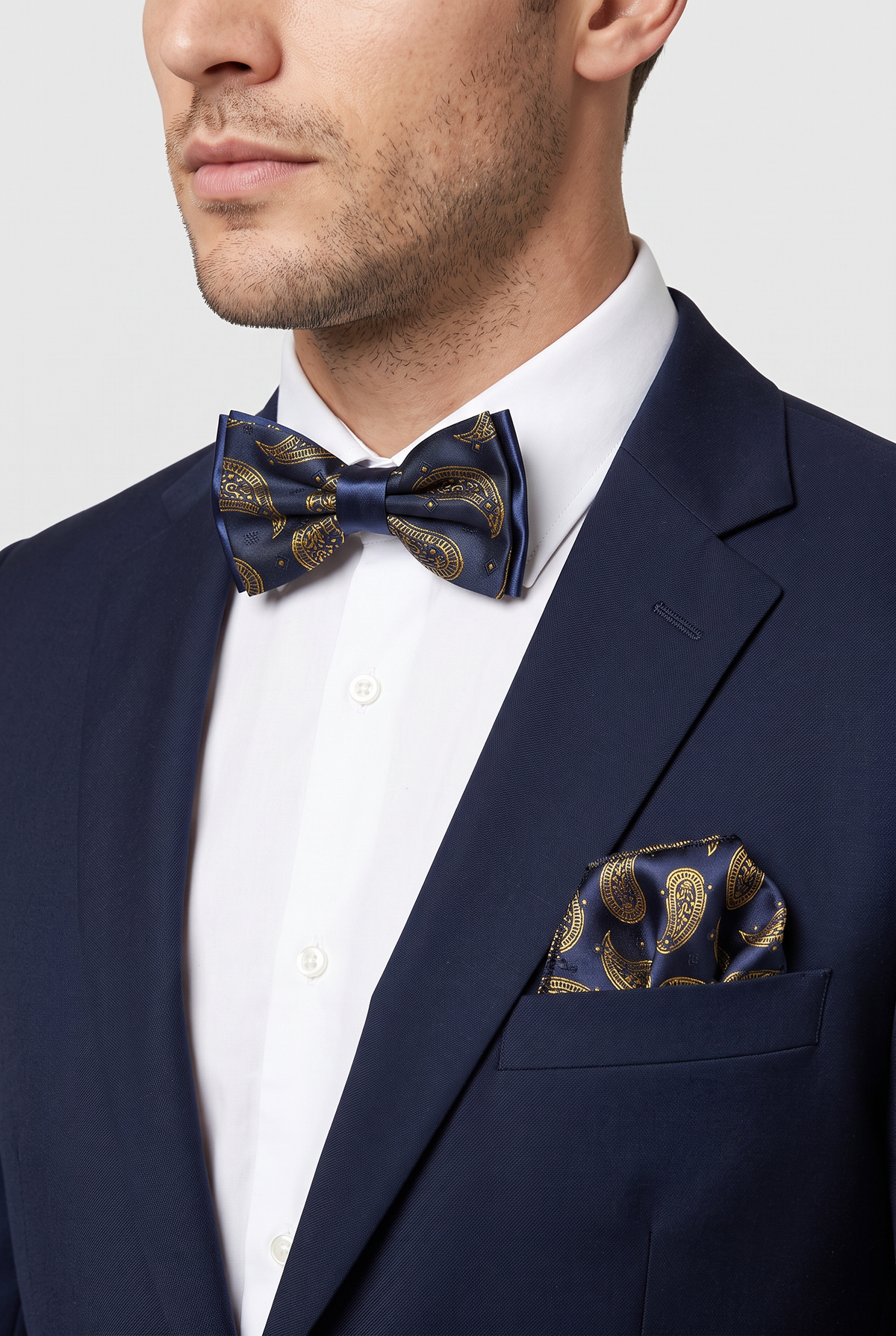 Boys & Men's Paisley Bow Tie or Bow Tie & Pocket Square Set - Navy Blue and Gold
