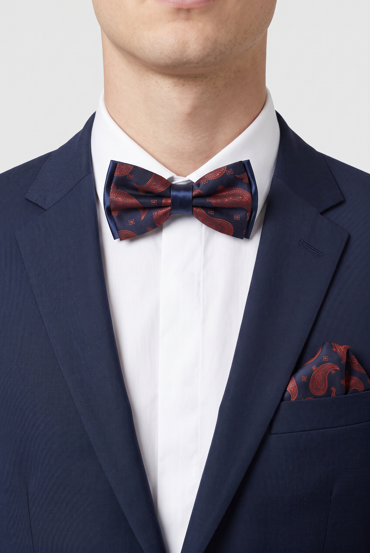 Boys & Men's Paisley Bow Tie or Bow Tie & Pocket Square Set - Navy Blue and Red