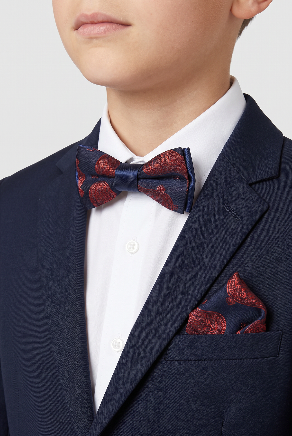 Boys & Men's Paisley Bow Tie or Bow Tie & Pocket Square Set - Navy Blue and Red