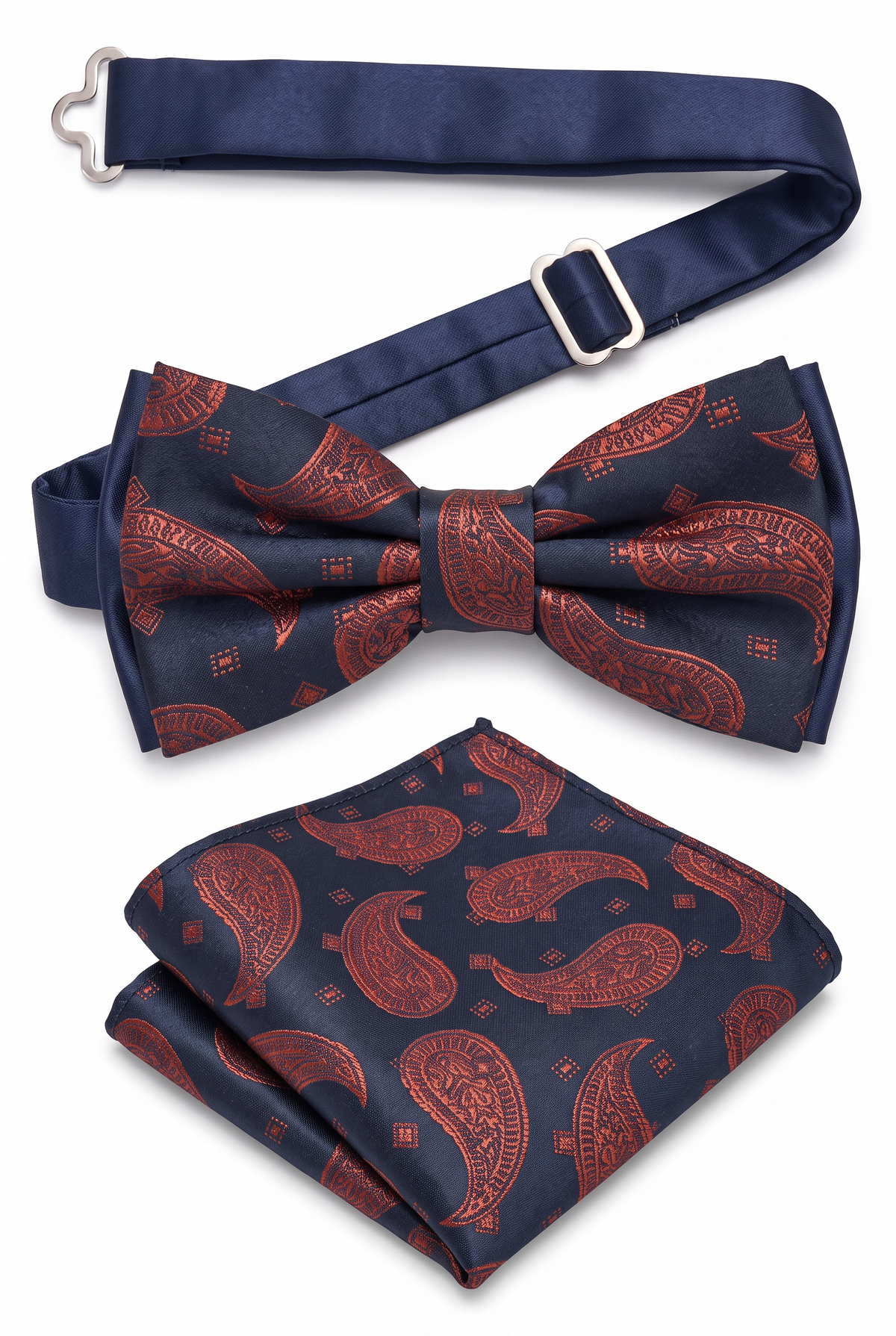 Boys & Men's Paisley Bow Tie or Bow Tie & Pocket Square Set - Navy Blue and Red