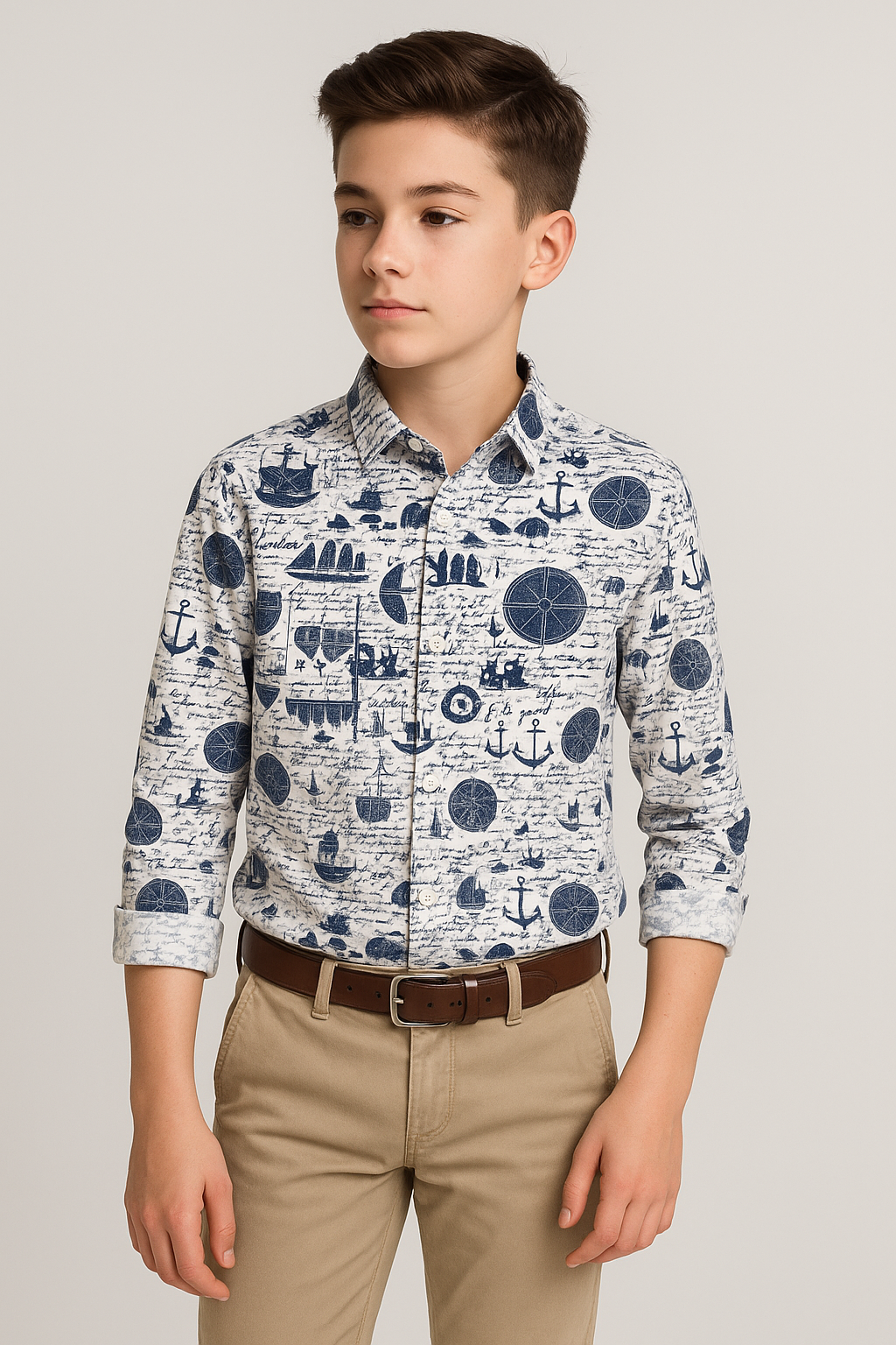 Boys Nautical Printed Fashion Shirt - Navy Blue