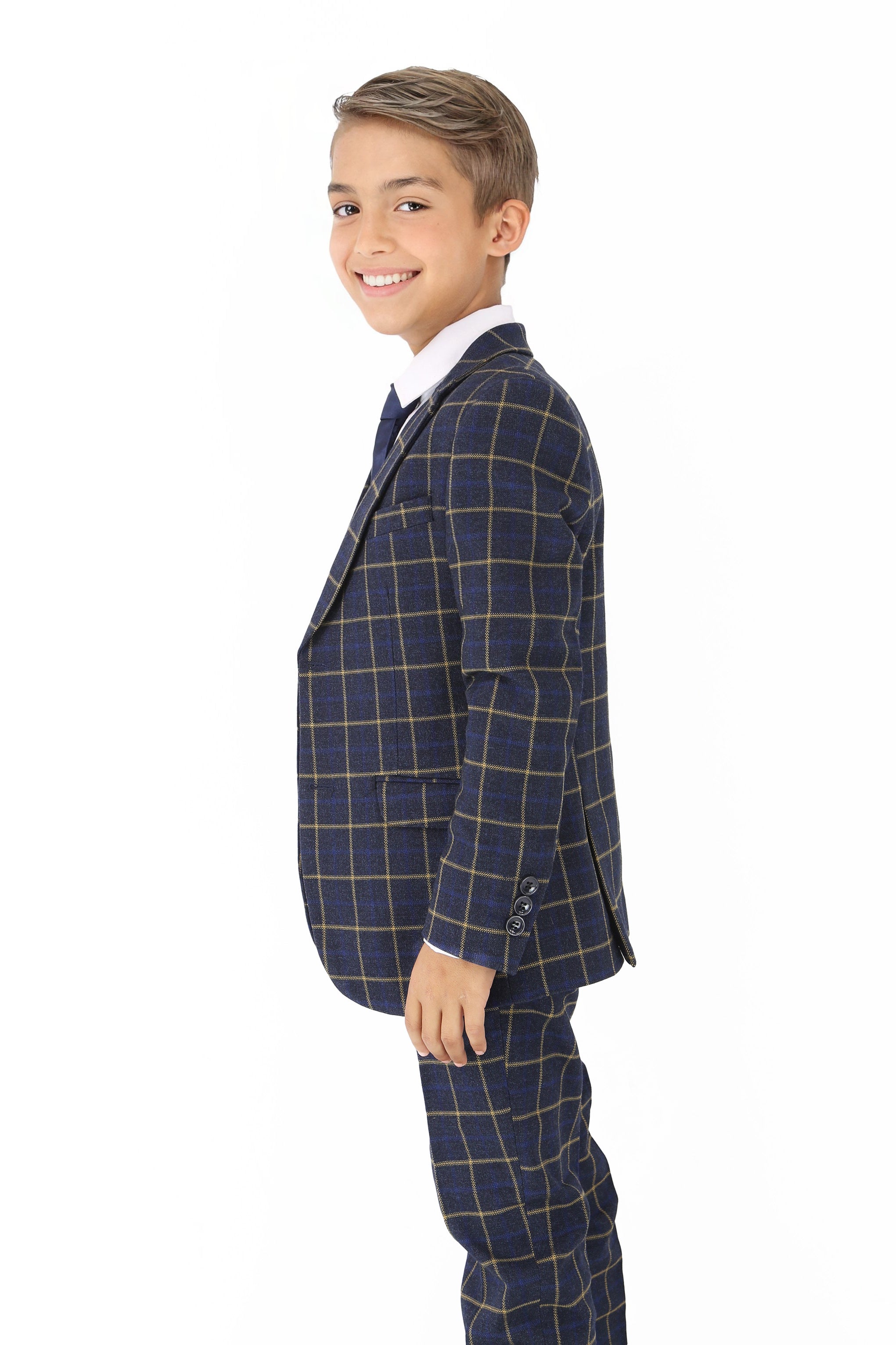 Boys Navy Blue Retro Check Suit - Navy Blue