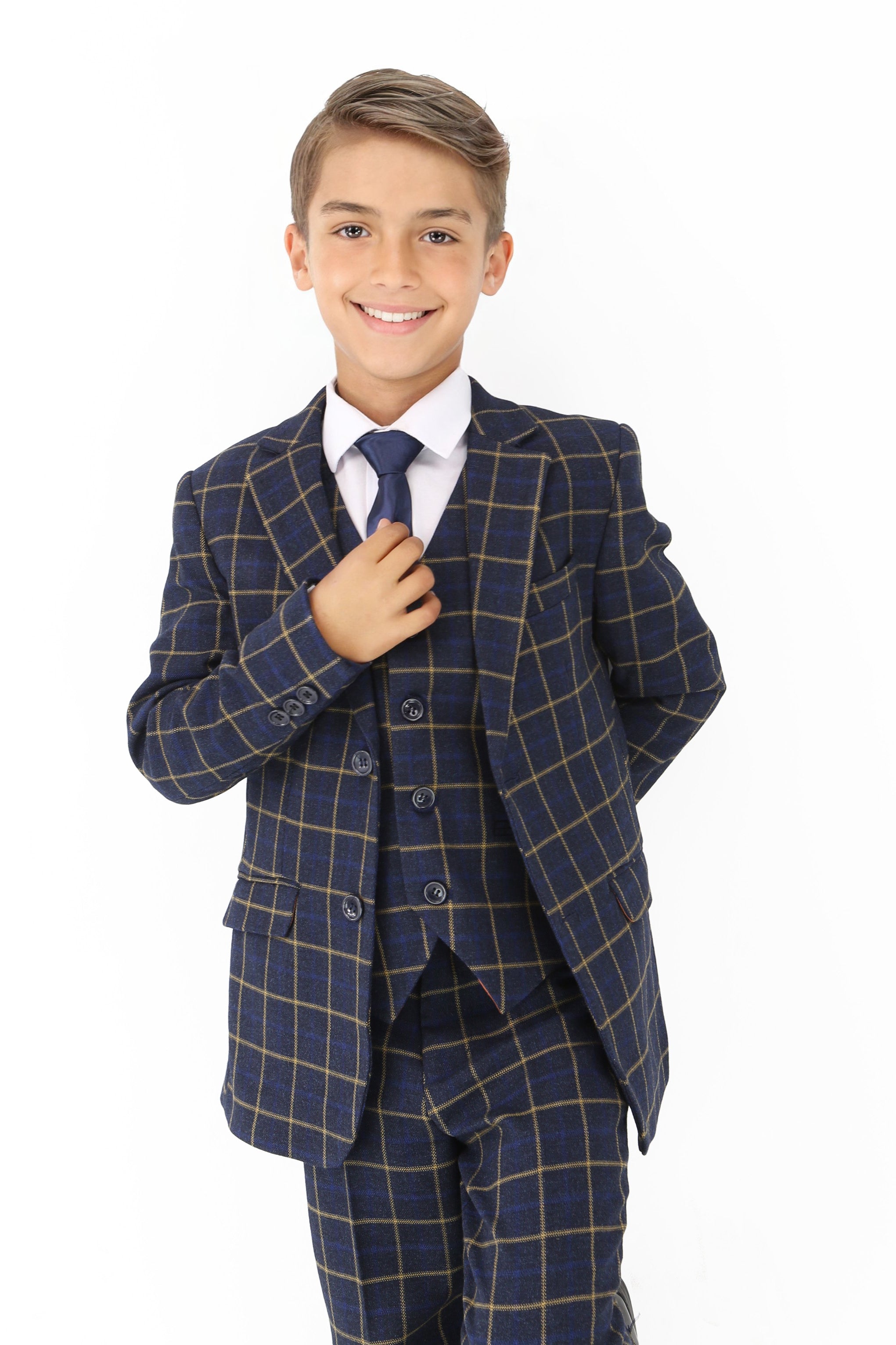 Boys Navy Blue Retro Check Suit - Navy Blue
